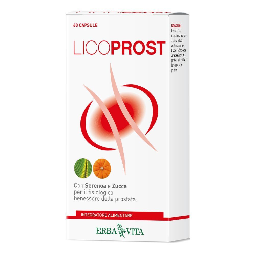 Confezione di ERBA VITA Licoprost. Scatola bianca con nome e illustrazioni. Contiene 60 capsule.