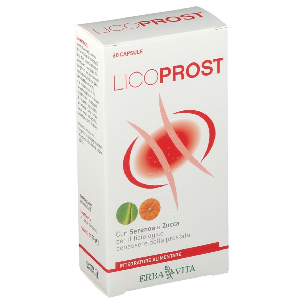 Vista angolata della confezione ERBA VITA Licoprost. Scatola bianca con nome e illustrazioni. 60 capsule.