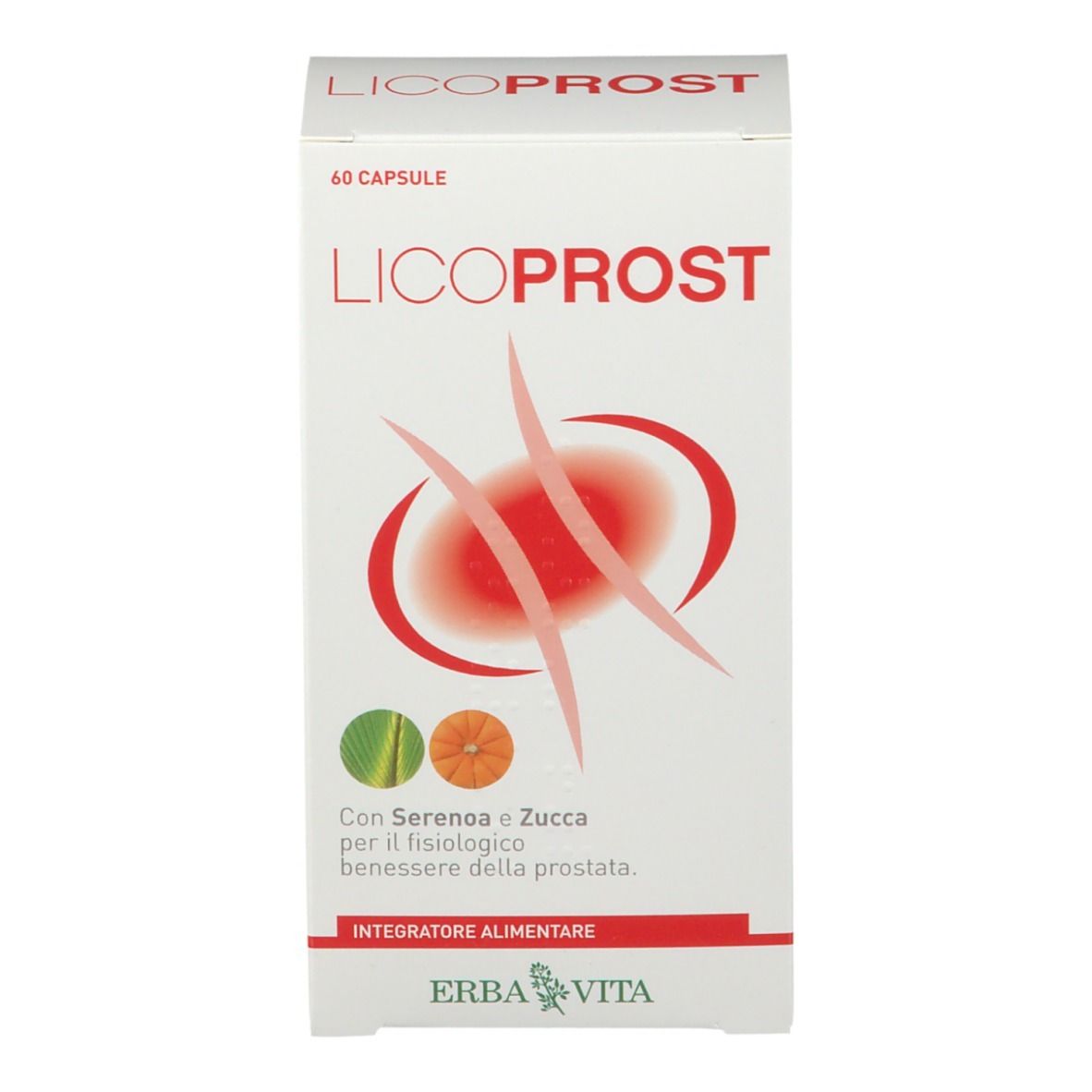 Confezione ERBA VITA Licoprost. Scatola bianca con nome e illustrazioni. 60 capsule.