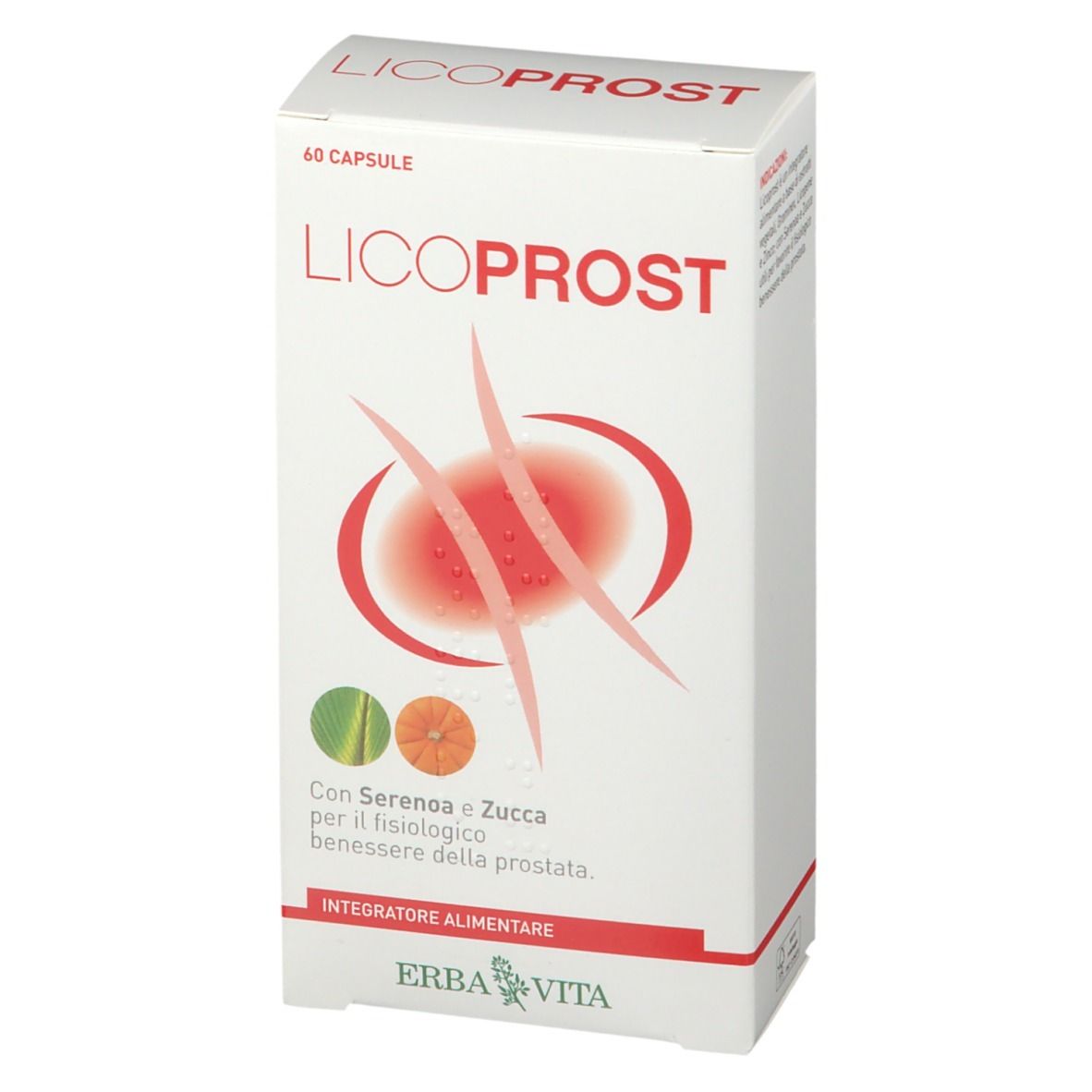 Confezione ERBA VITA Licoprost. Scatola bianca con nome e illustrazioni. 60 capsule.