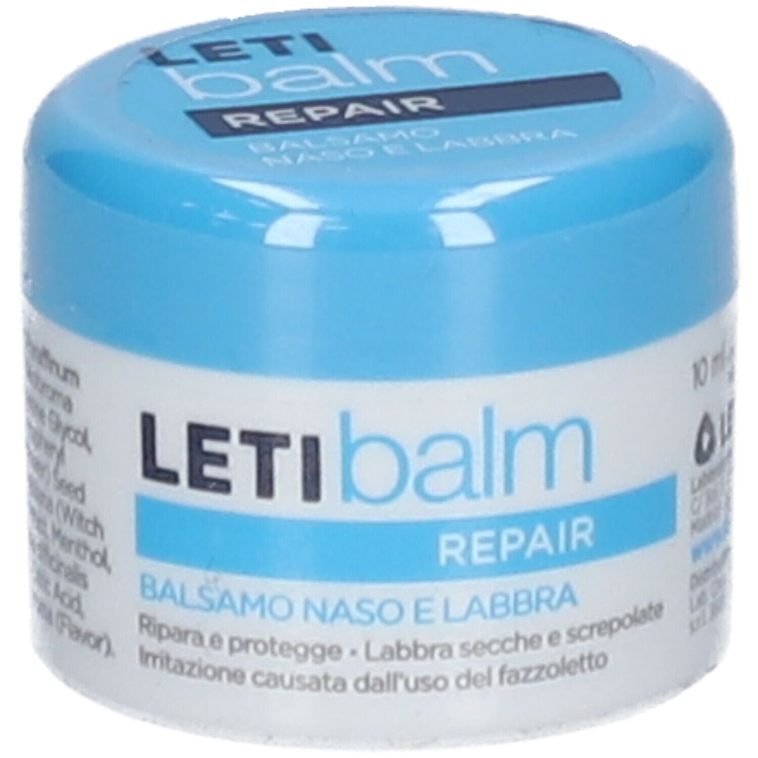 Vasetto cilindrico con coperchio blu. L'etichetta riporta « LETI balm REPAIR BALSAMO NASO E LABBRA ».