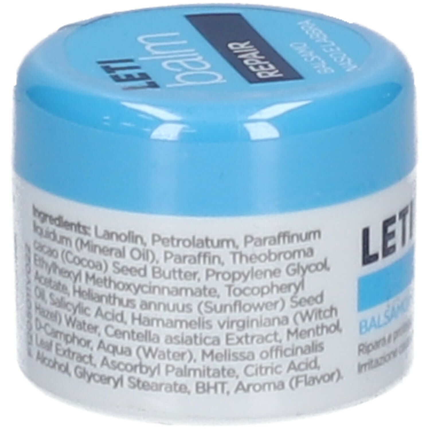 Vasetto cilindrico con coperchio blu. Ingredienti visibili sull'etichetta. Il marchio LETI è visibile.