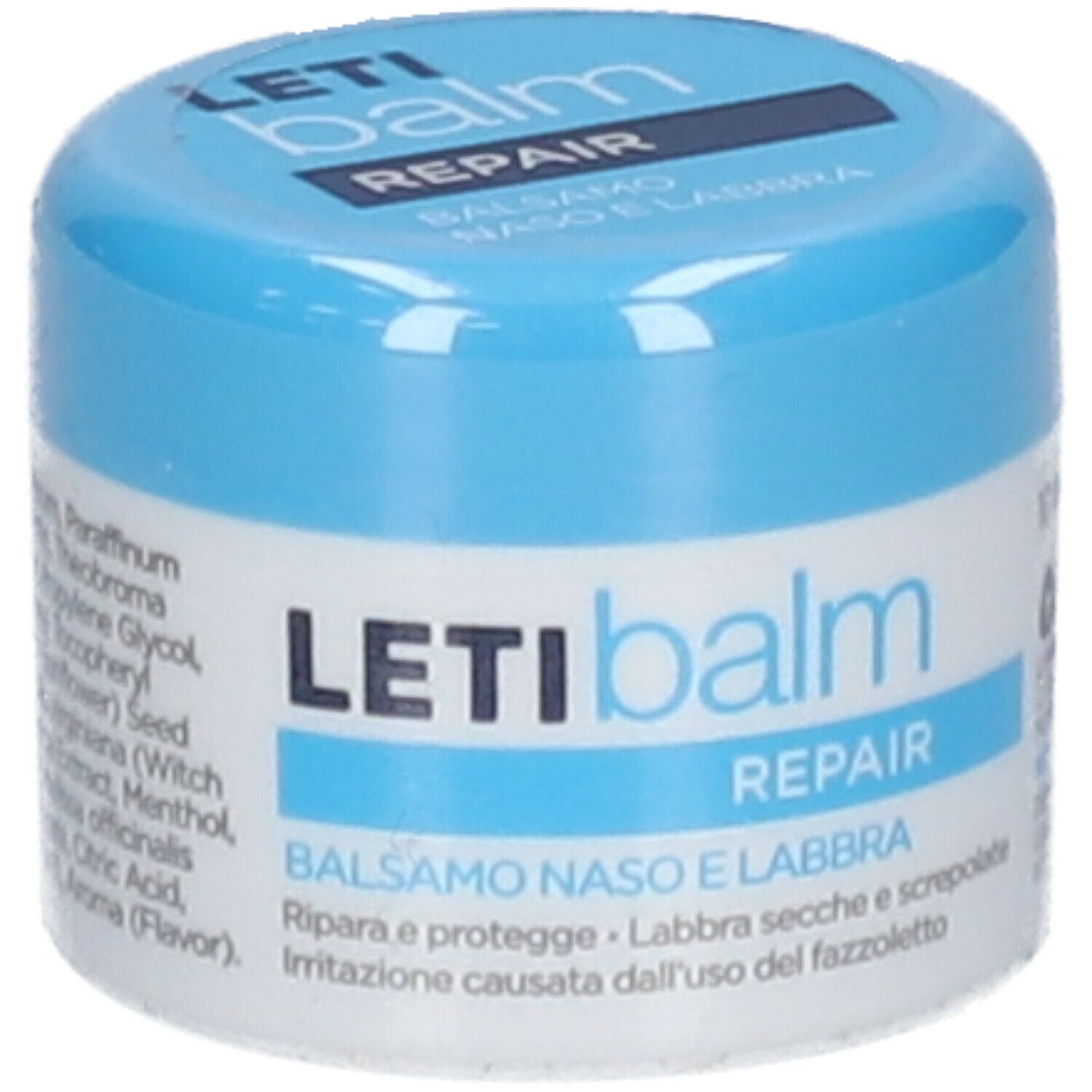 Vasetto cilindrico con coperchio blu. L'etichetta riporta « LETI balm REPAIR BALSAMO NASO E LABBRA ».