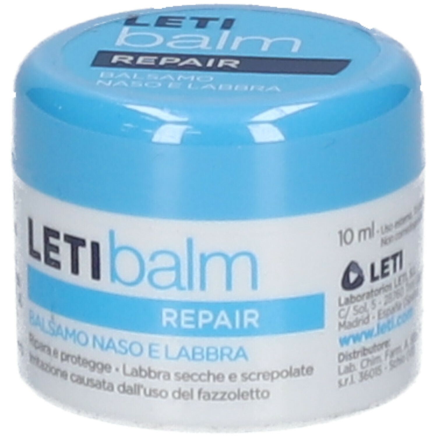 Vasetto cilindrico con coperchio blu. L'etichetta riporta « LETI balm REPAIR BALSAMO NASO E LABBRA » e 10 ml.