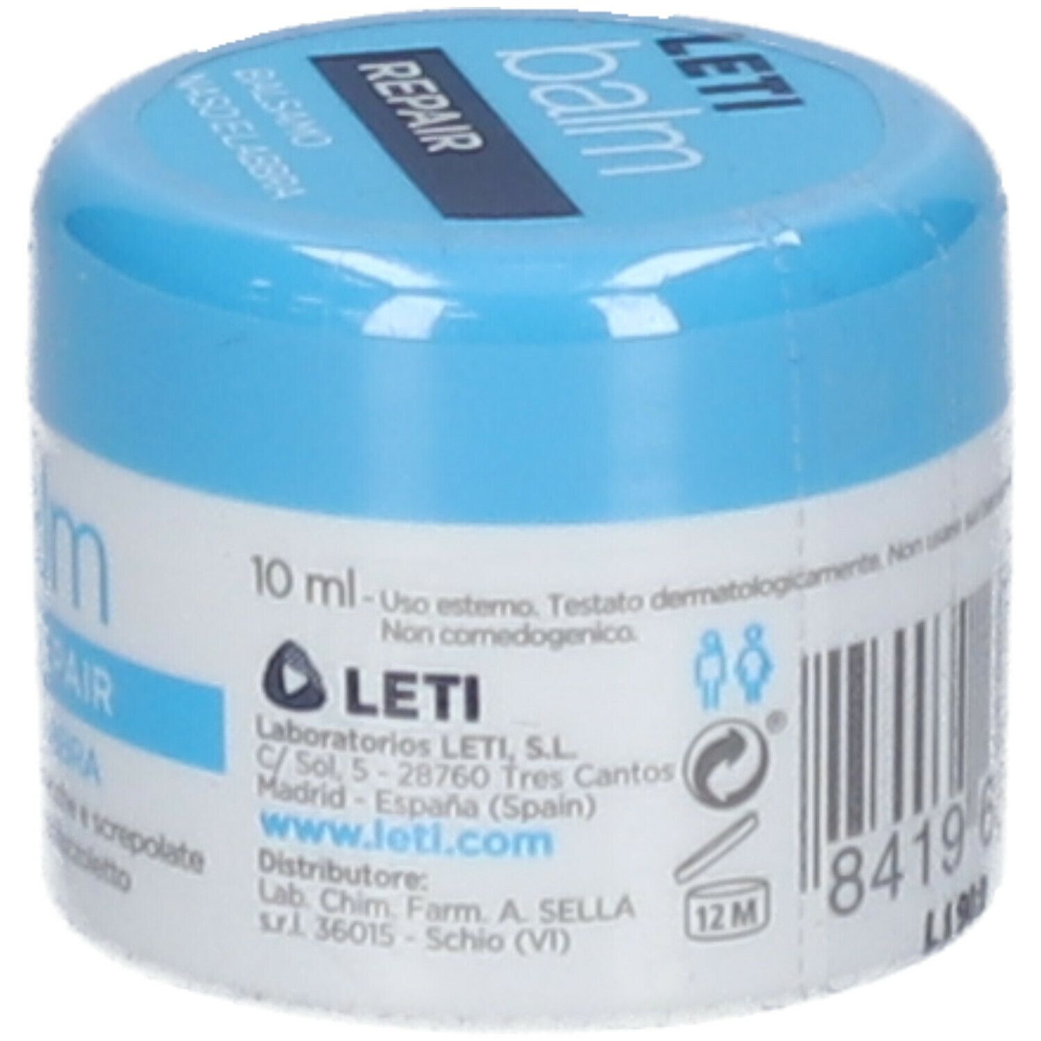 Vasetto cilindrico con coperchio blu. L'etichetta riporta « LETI balm REPAIR BALSAMO NASO E LABBRA » e 10 ml.