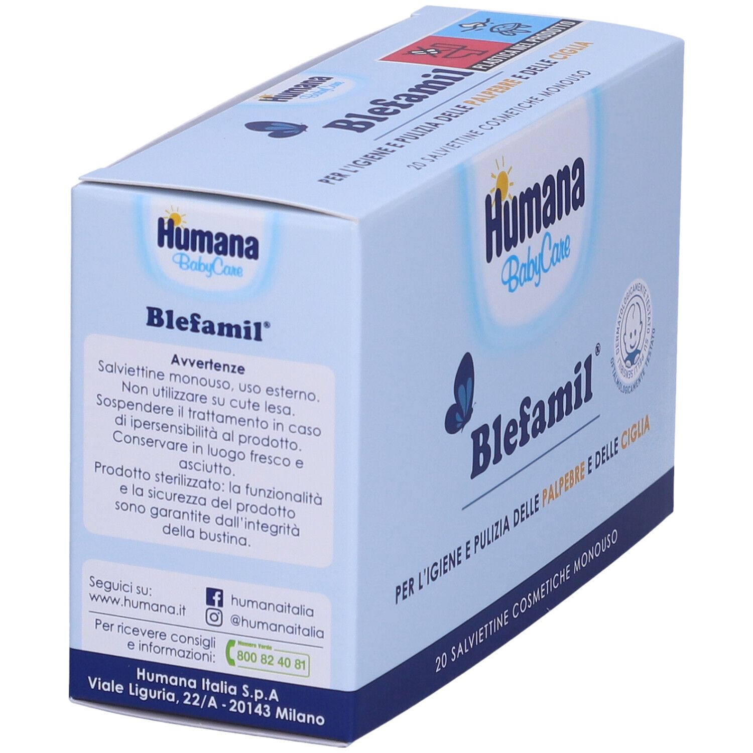 Vista laterale della scatola blu Humana BabyCare Blefamil®. Testo: '20 salviettine cosmetiche'. Contiene avvertenze e informazioni di contatto.