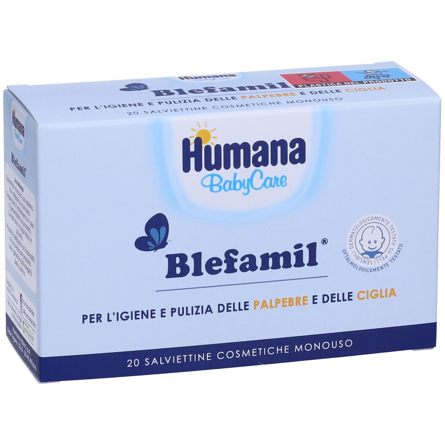 Scatola Humana BabyCare Blefamil® blu e bianca. Contiene 20 salviettine cosmetiche. Scritto: 'Per l'igiene e la pulizia delle palpebre e delle ciglia'.