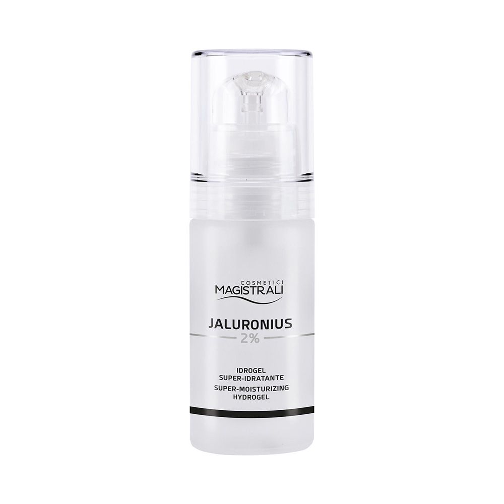 Flacon d'hydrogel COSMETICI MAGISTRALI JALURONIUS 2%. Tête de pompe transparente.