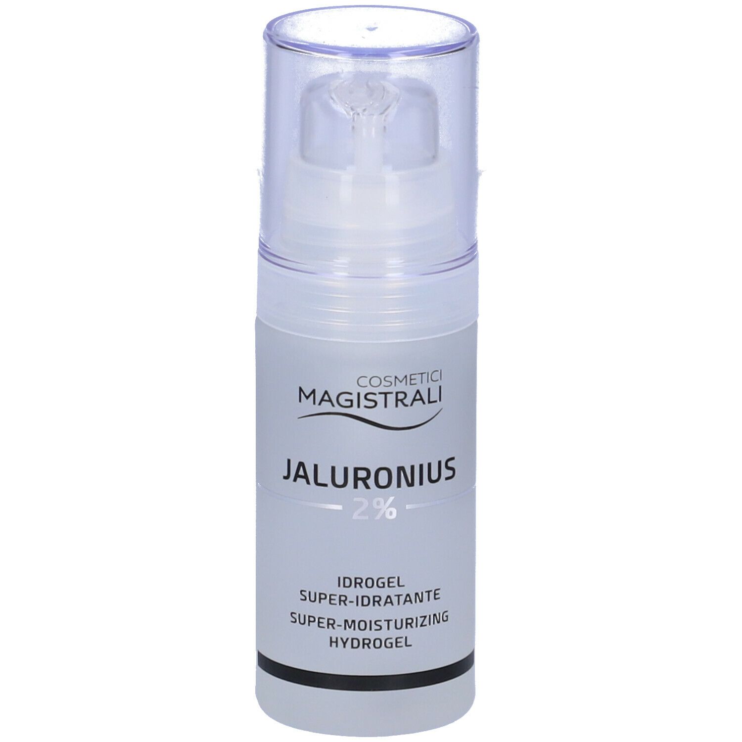 Flacon d'hydrogel COSMETICI MAGISTRALI JALURONIUS 2%. Tête de pompe transparente.