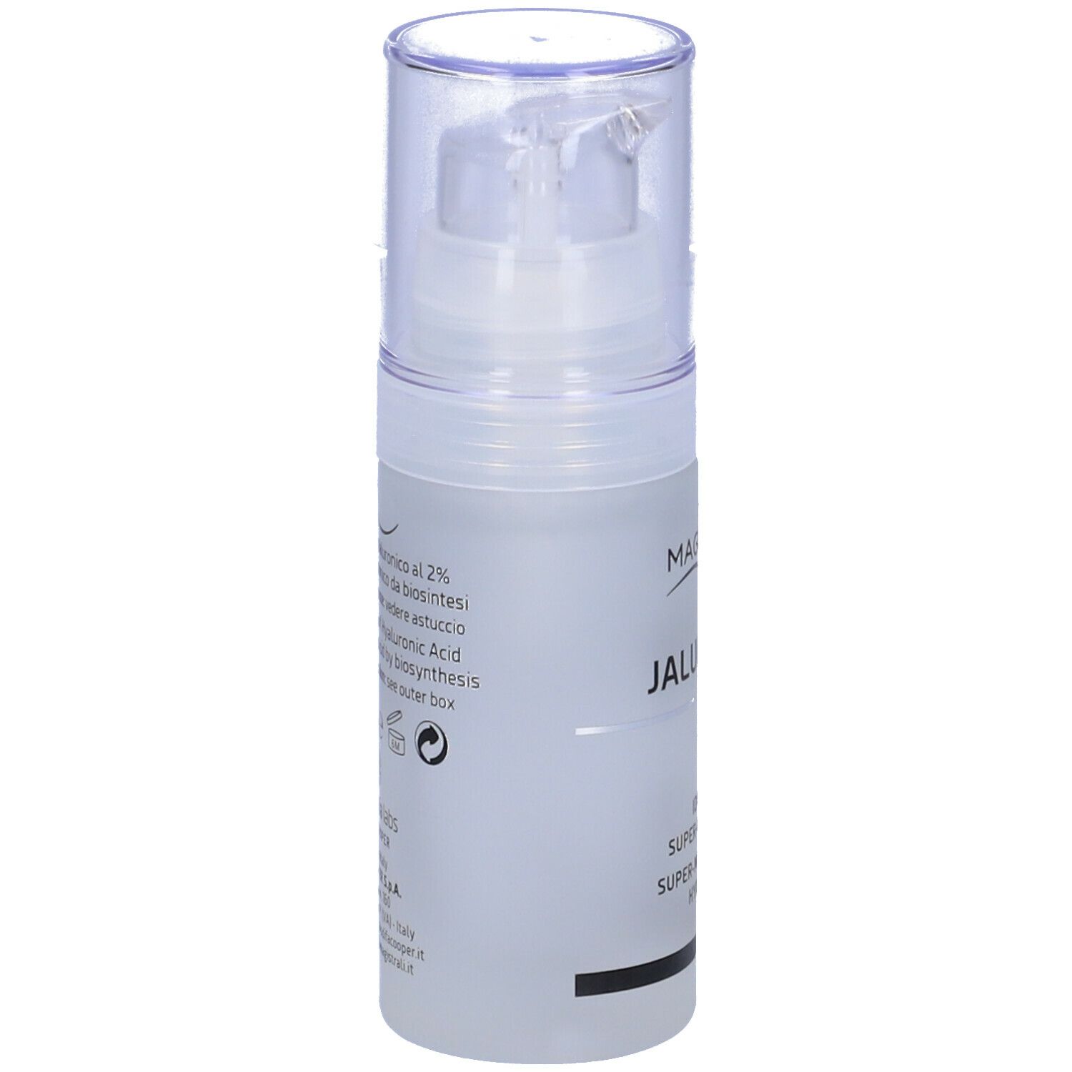 Flacon d'hydrogel COSMETICI MAGISTRALI JALURONIUS 2%. Tête de pompe transparente.