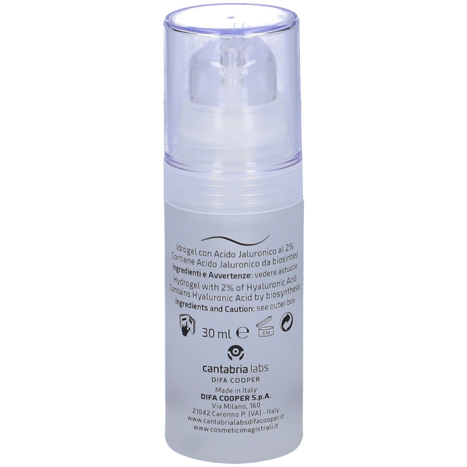 Flacon d'hydrogel COSMETICI MAGISTRALI JALURONIUS 2%. Tête de pompe transparente.