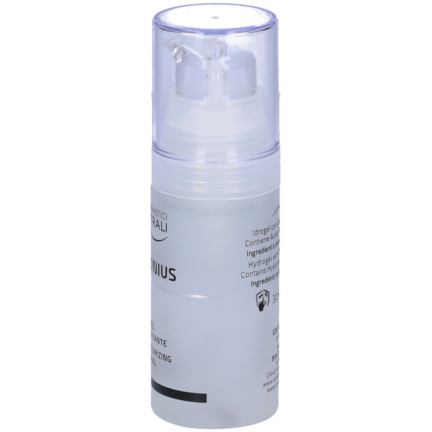 Flacon d'hydrogel COSMETICI MAGISTRALI JALURONIUS 2%. Tête de pompe transparente.