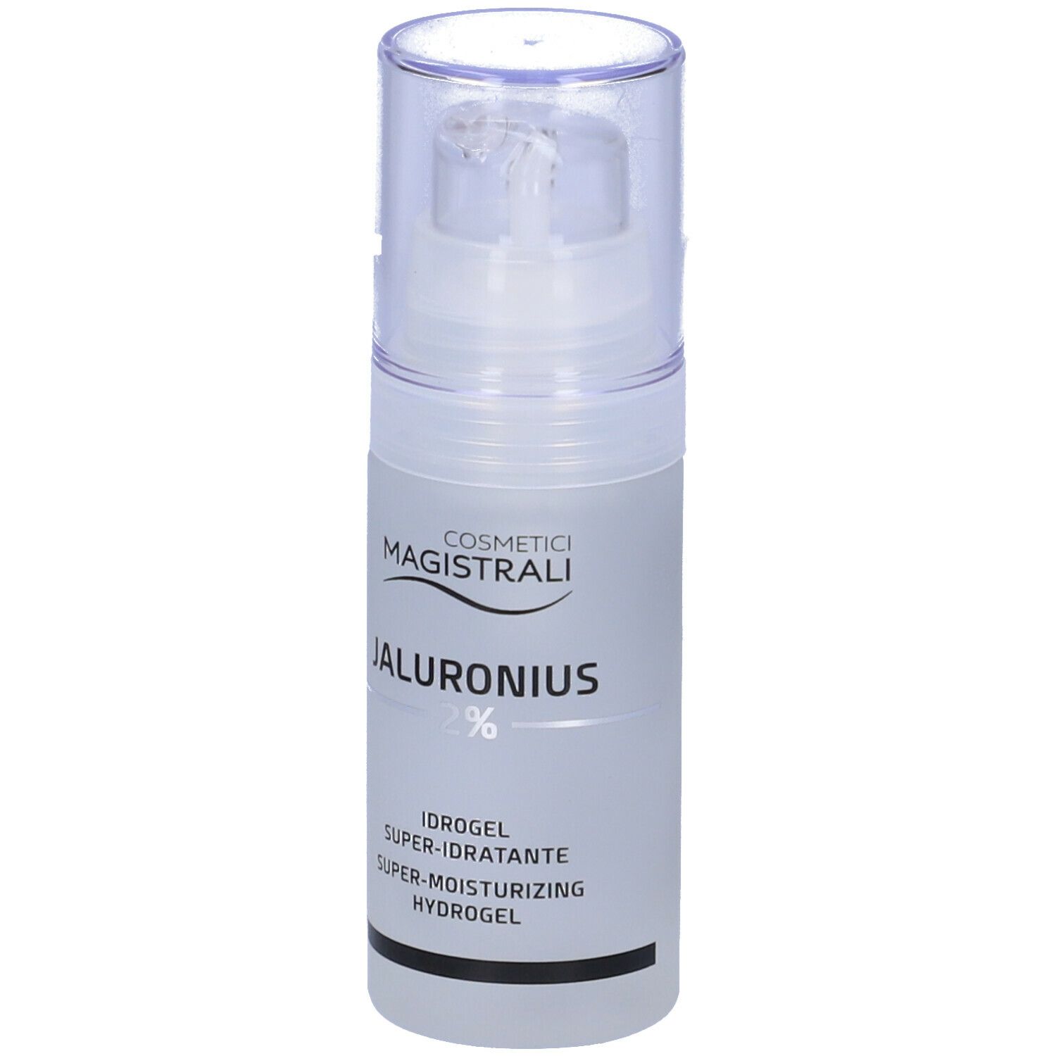 Flacon d'hydrogel COSMETICI MAGISTRALI JALURONIUS 2%. Tête de pompe transparente.