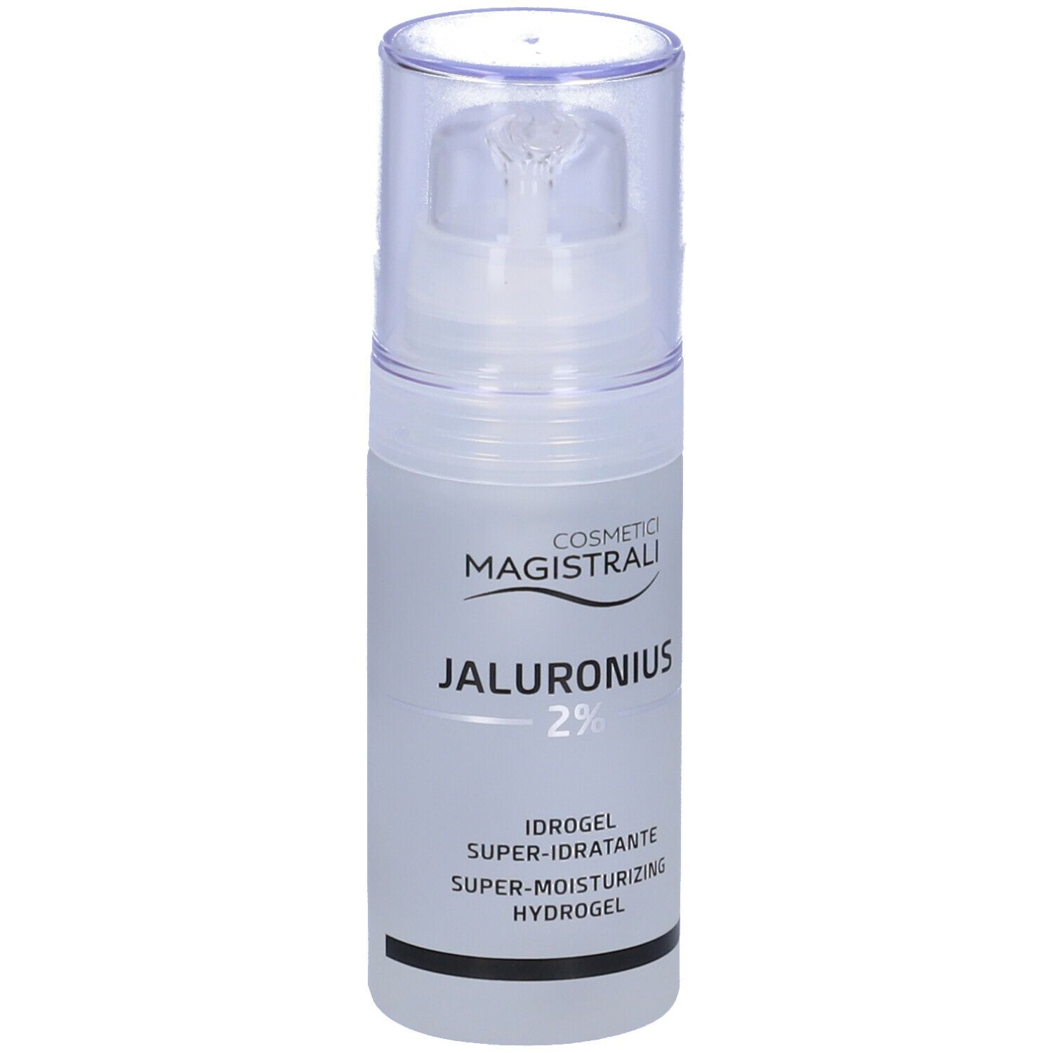 Flacon d'hydrogel COSMETICI MAGISTRALI JALURONIUS 2%. Tête de pompe transparente.