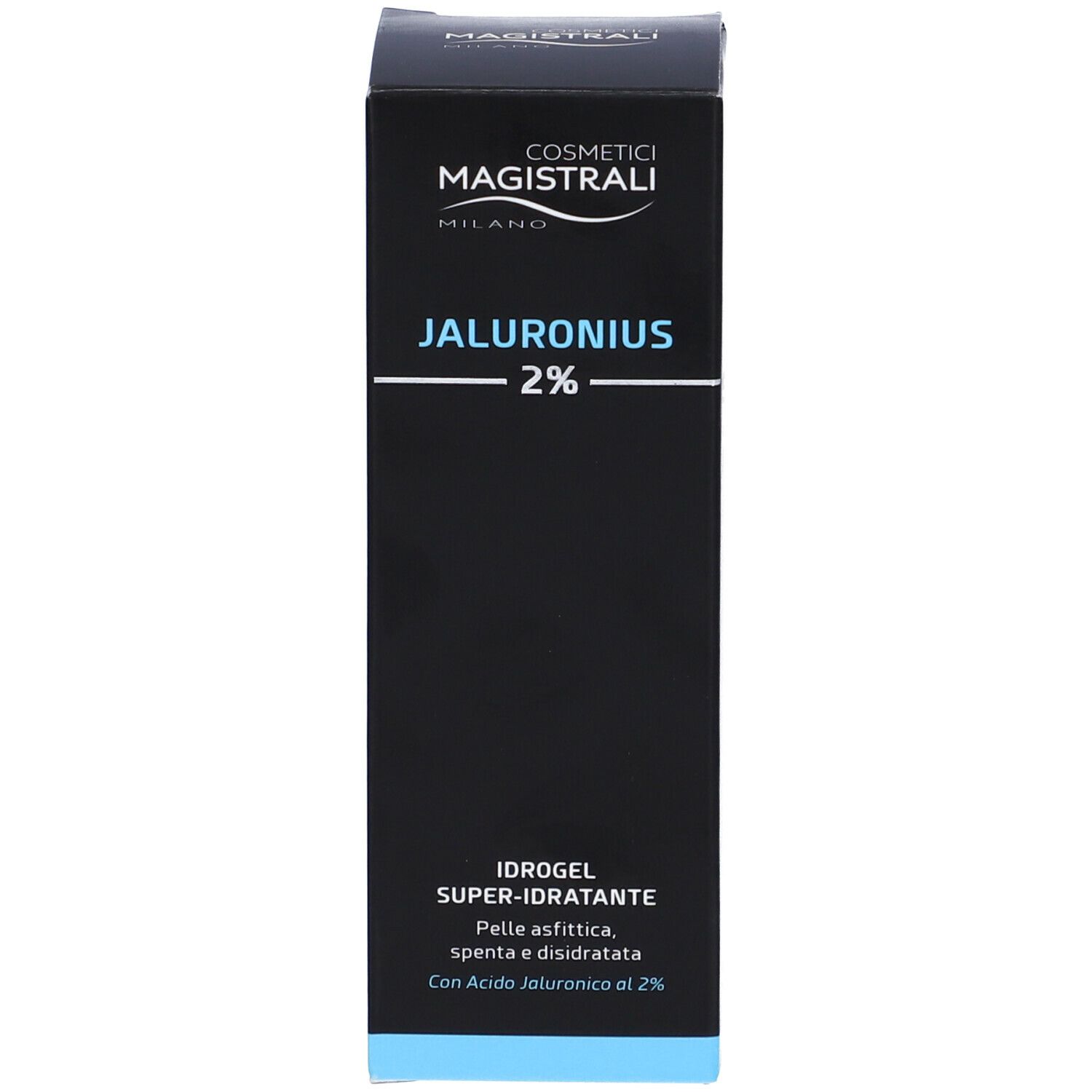 Emballage noir avec COSMETICI MAGISTRALI, JALURONIUS 2%. Accents bleus.