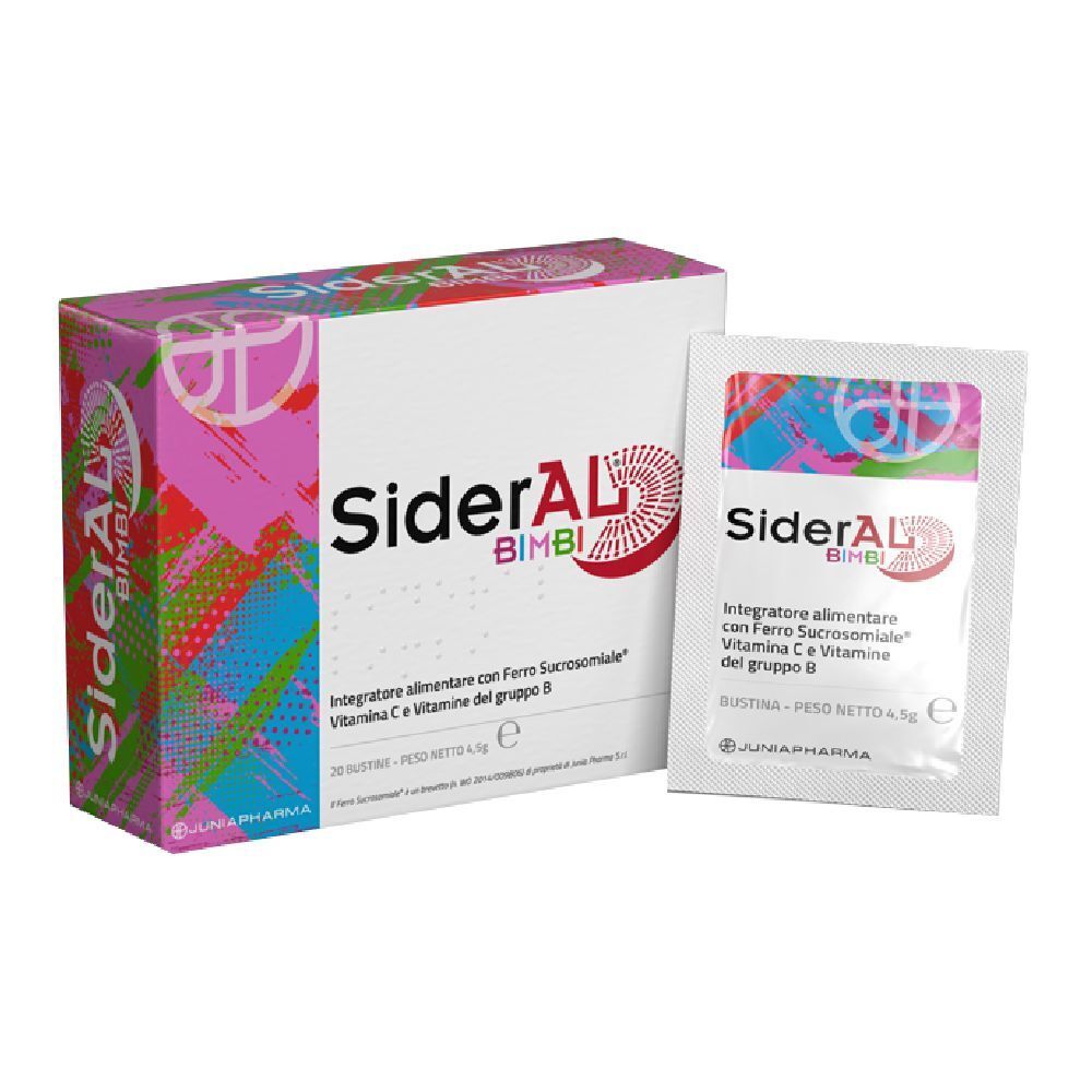 Confezione di SiderAL BIMBI con bustina. Informazioni sul prodotto. Combinazione di colori rosa, bianco e rosso.