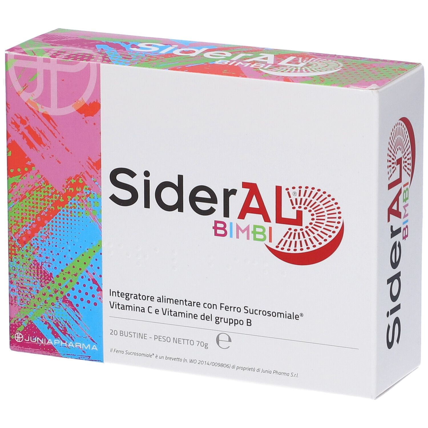 Confezione SiderAL BIMBI. Scatola bianca con accenti rosa e rossi. Contiene informazioni sul prodotto e logo.