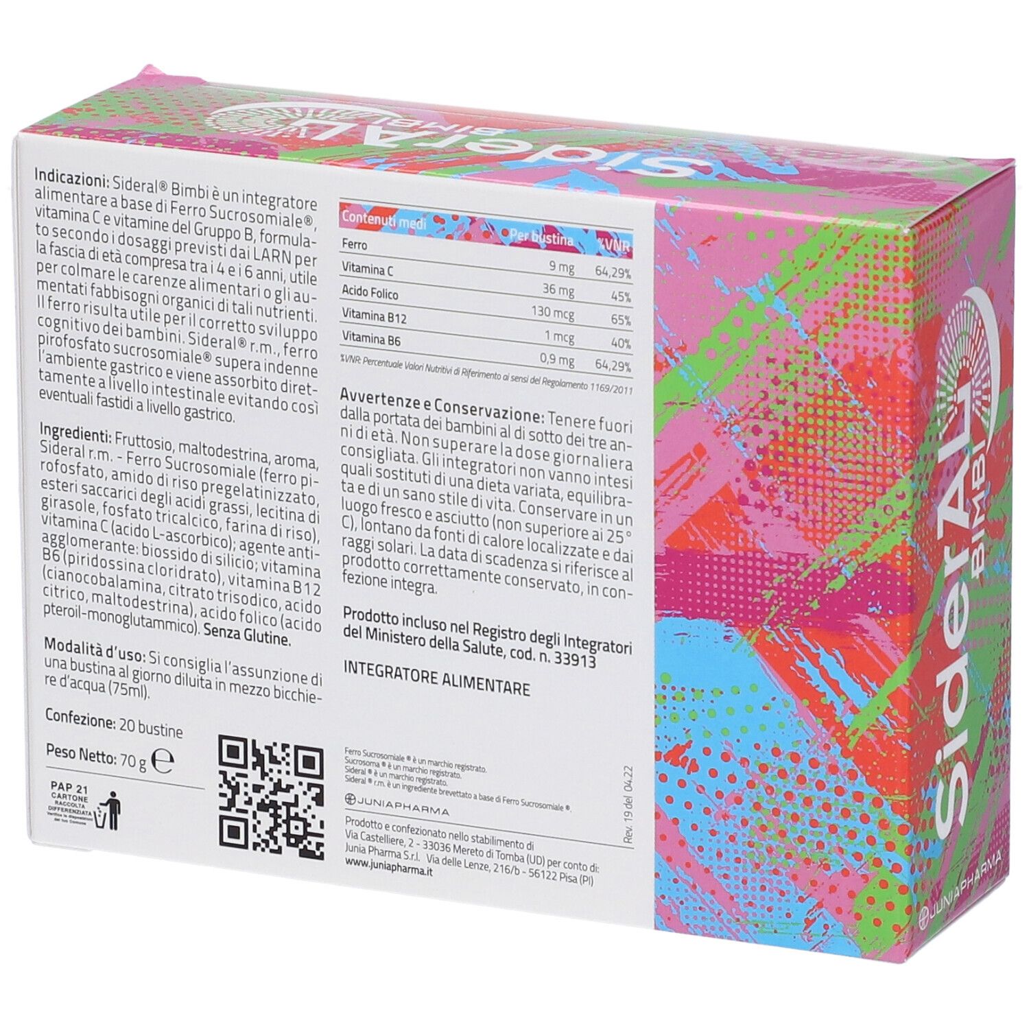 Confezione SiderAL BIMBI. Retro della scatola con informazioni e valori nutrizionali. Accenti rosa e rossi.
