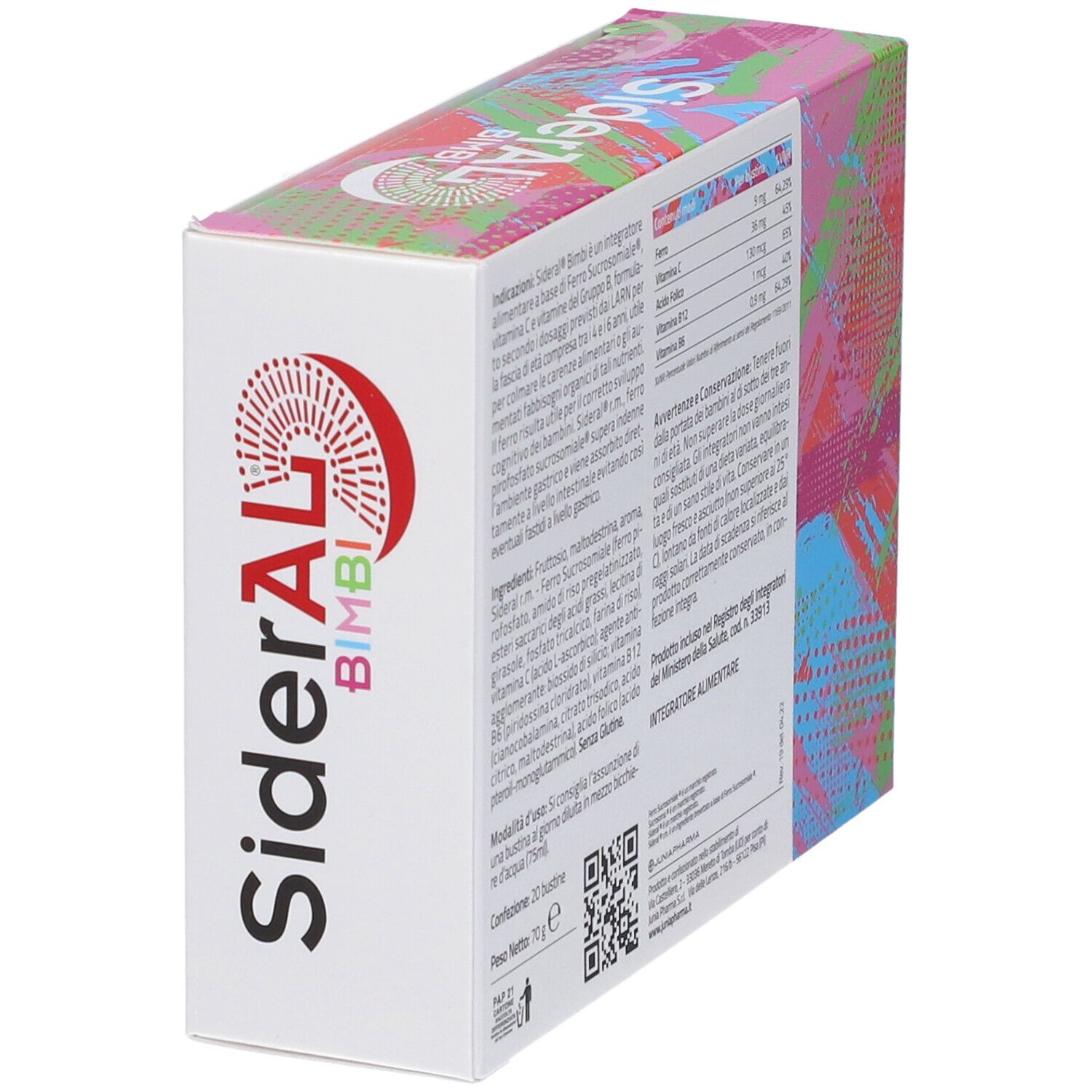 Confezione SiderAL BIMBI. Retro della scatola con informazioni e valori nutrizionali. Accenti rosa e rossi.