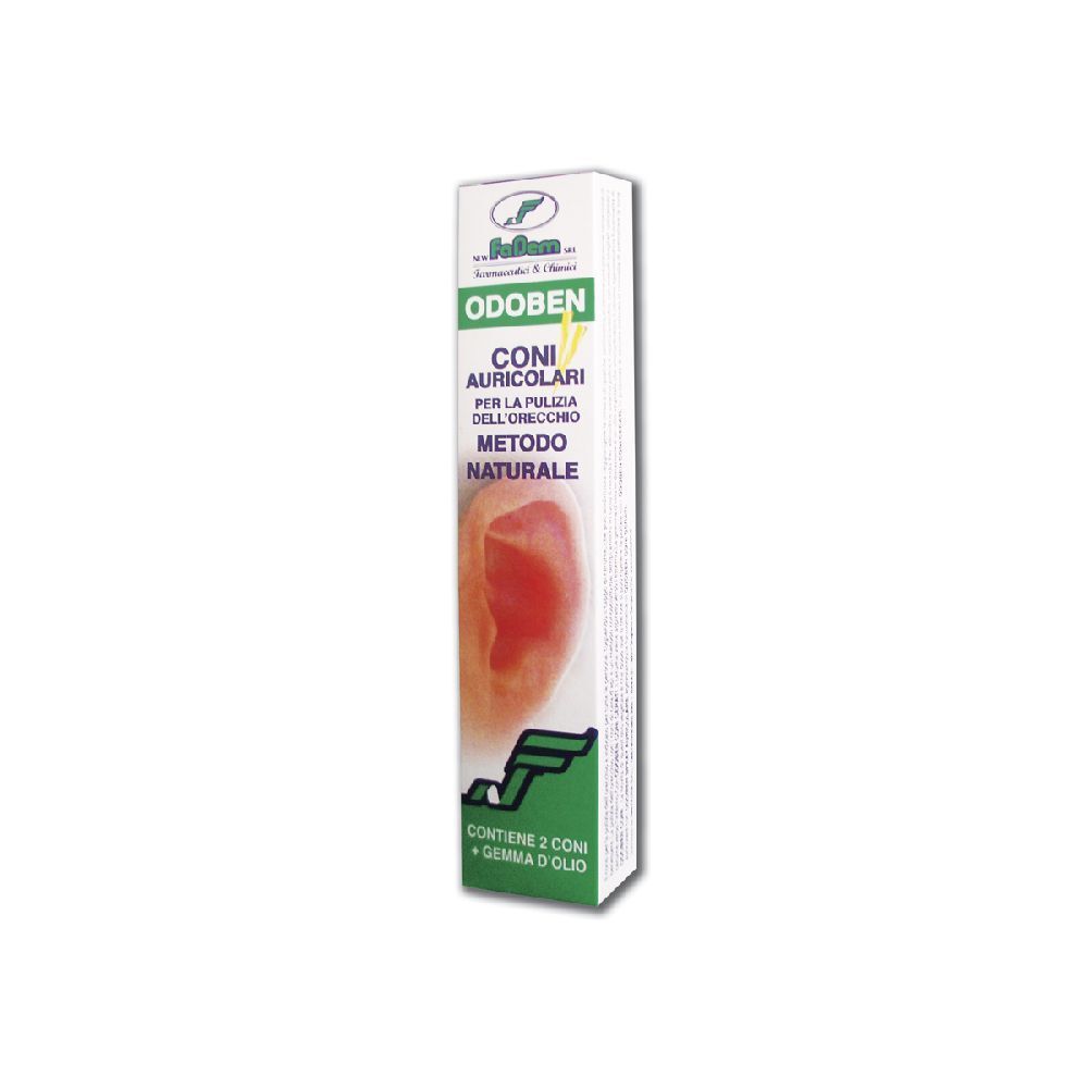 Confezione Odoben. Contiene 2 coni auricolari. Testo: Coni Auricolari, Metodo Naturale. Immagine di un orecchio.