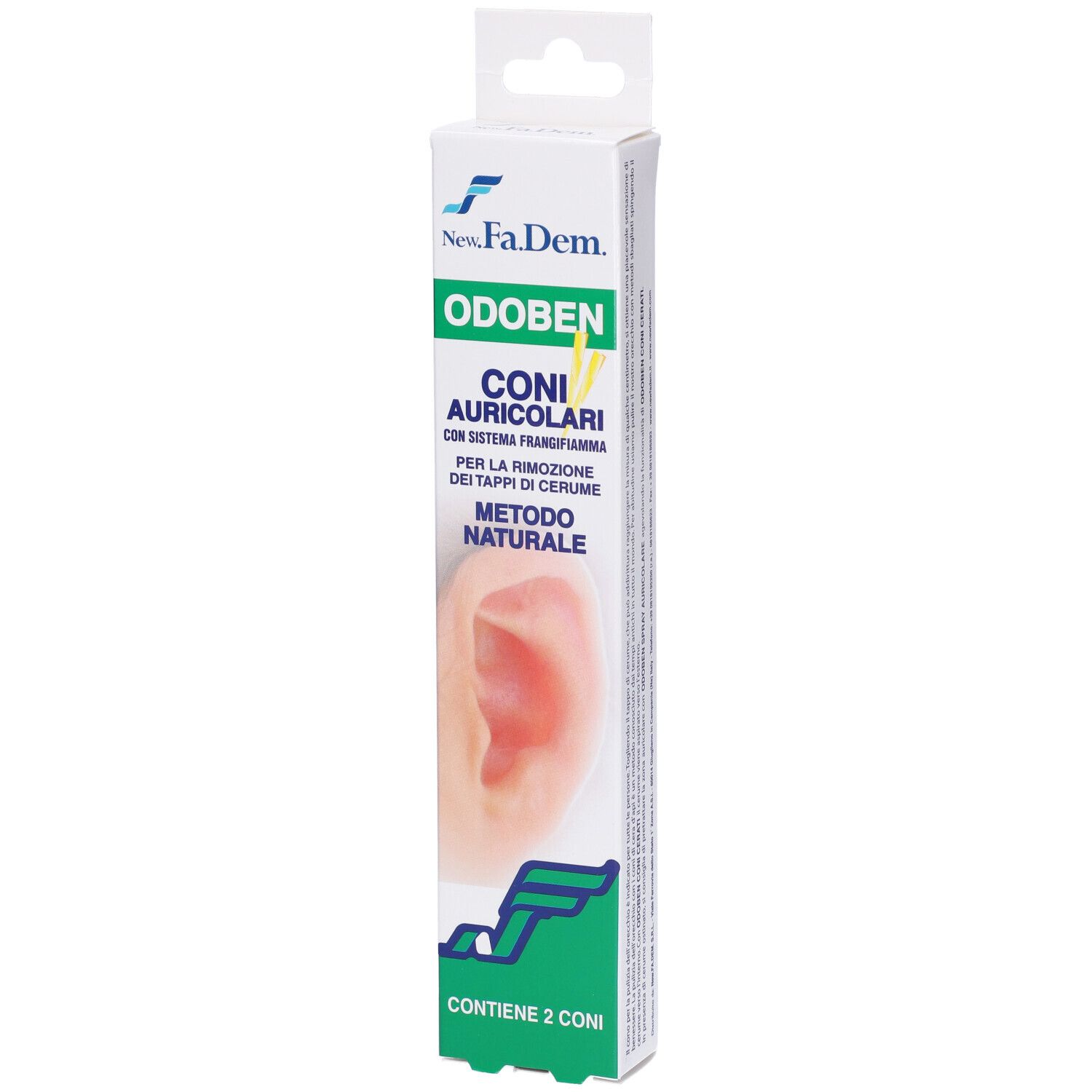 Confezione Odoben con 2 coni auricolari. Testo: Coni Auricolari, con sistema frangifiamma. Immagine di un orecchio.