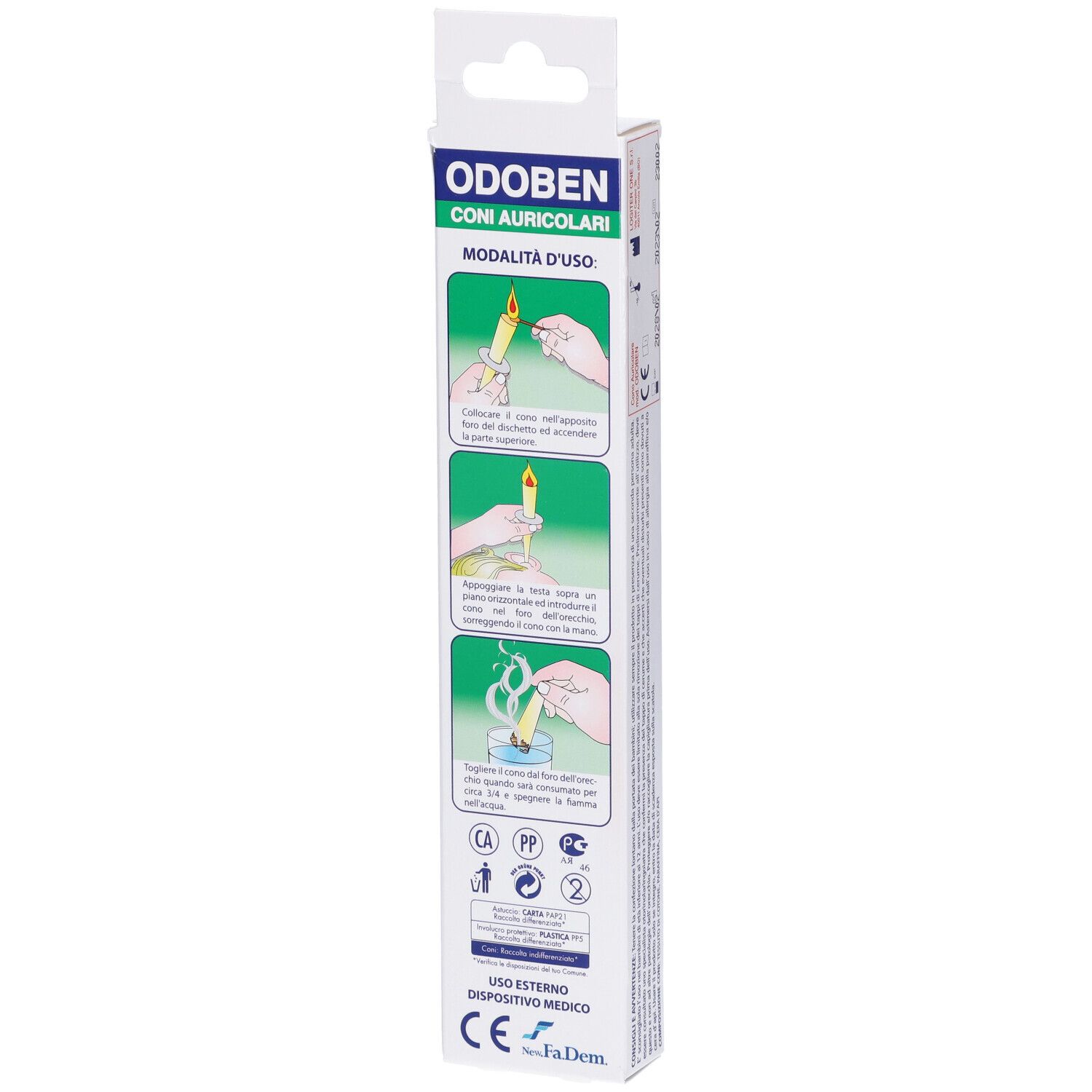 Confezione Odoben, retro. Testo: Coni Auricolari, istruzioni con illustrazioni. Marchio CE.