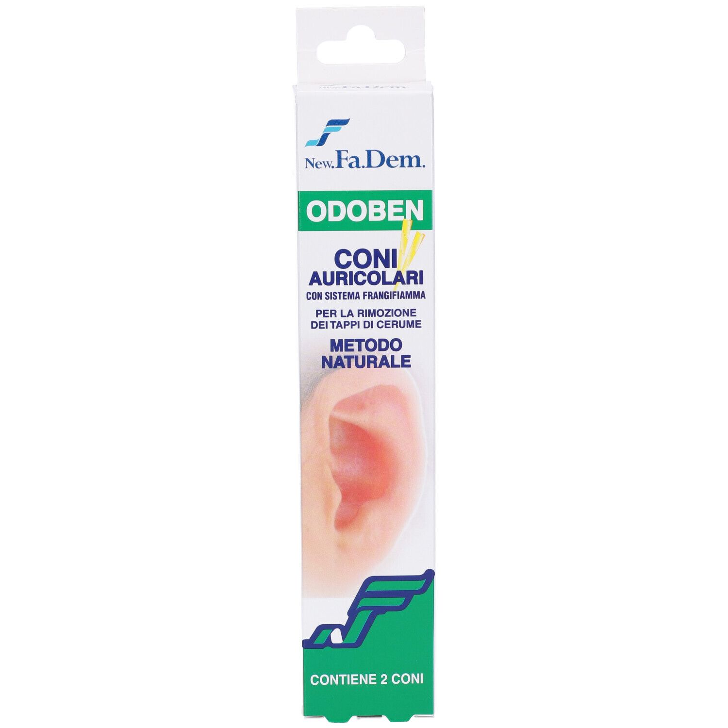 Confezione Odoben con 2 coni auricolari. Testo: Coni Auricolari, con sistema frangifiamma. Immagine di un orecchio.