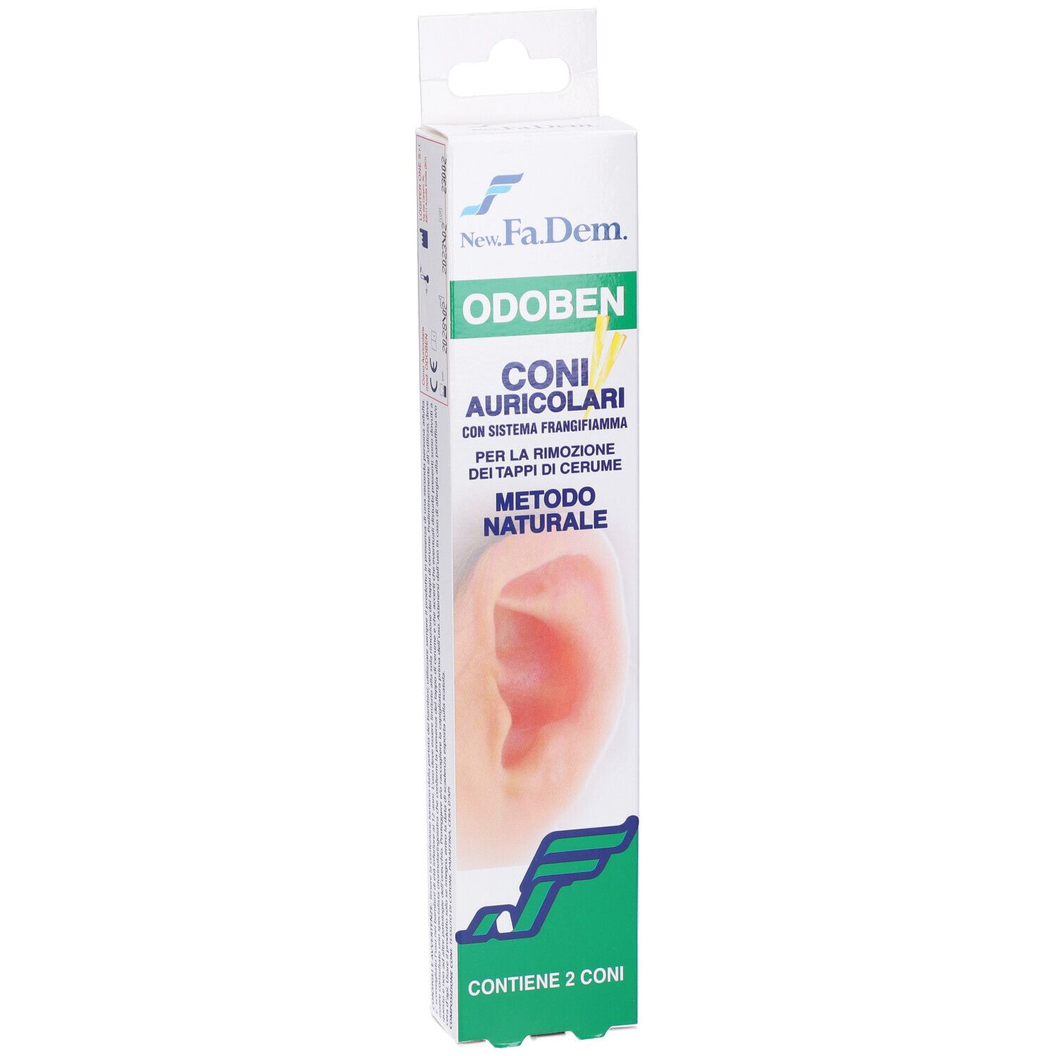 Confezione Odoben con 2 coni auricolari. Testo: Coni Auricolari, con sistema frangifiamma. Immagine di un orecchio.