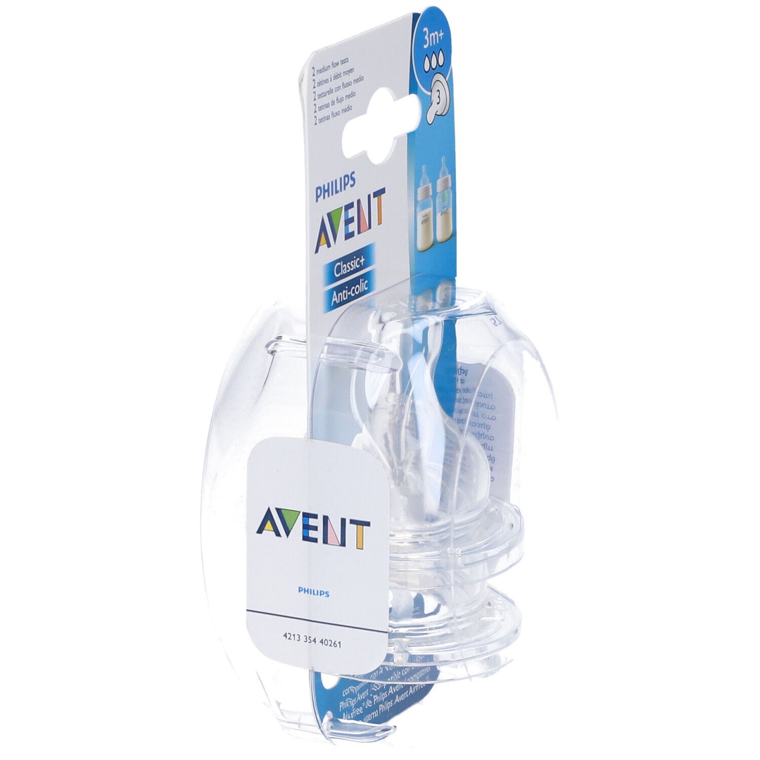Confezione con due tettarelle trasparenti. Scritta: Philips Avent Classic+ Anti-colic.