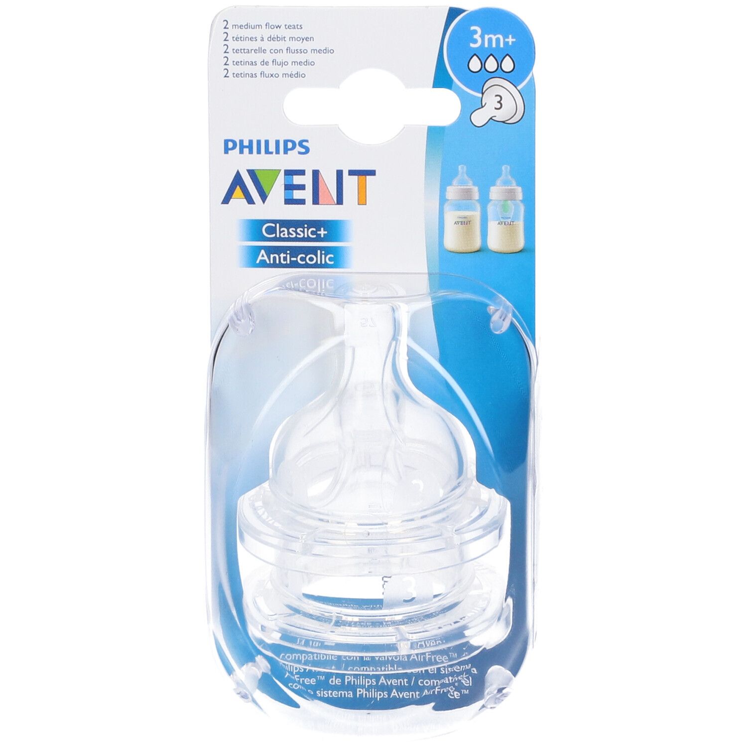 Confezione con due tettarelle trasparenti. Scritta: Philips Avent Classic+ Anti-colic.