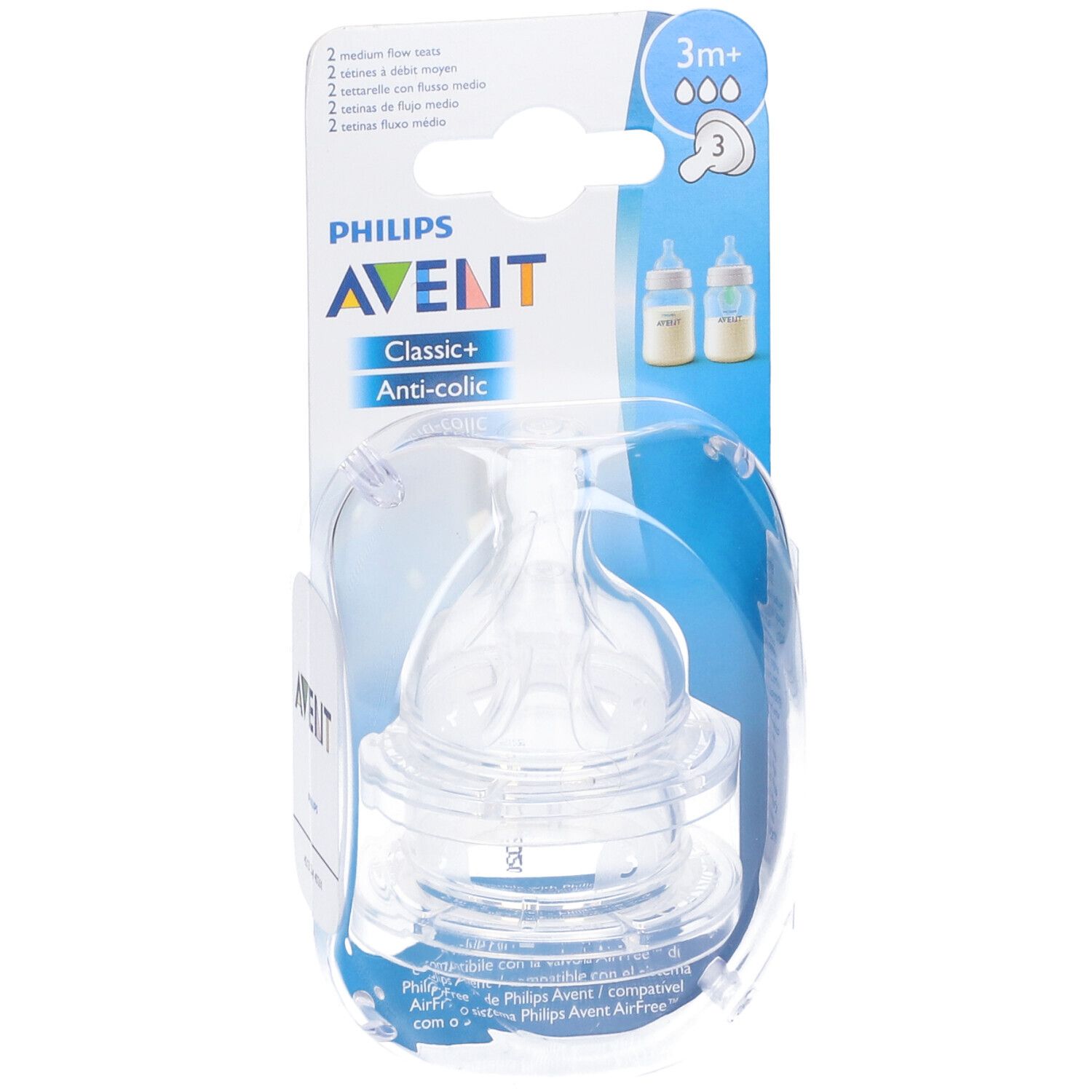Confezione con due tettarelle trasparenti. Scritta: Philips Avent Classic+ Anti-colic.
