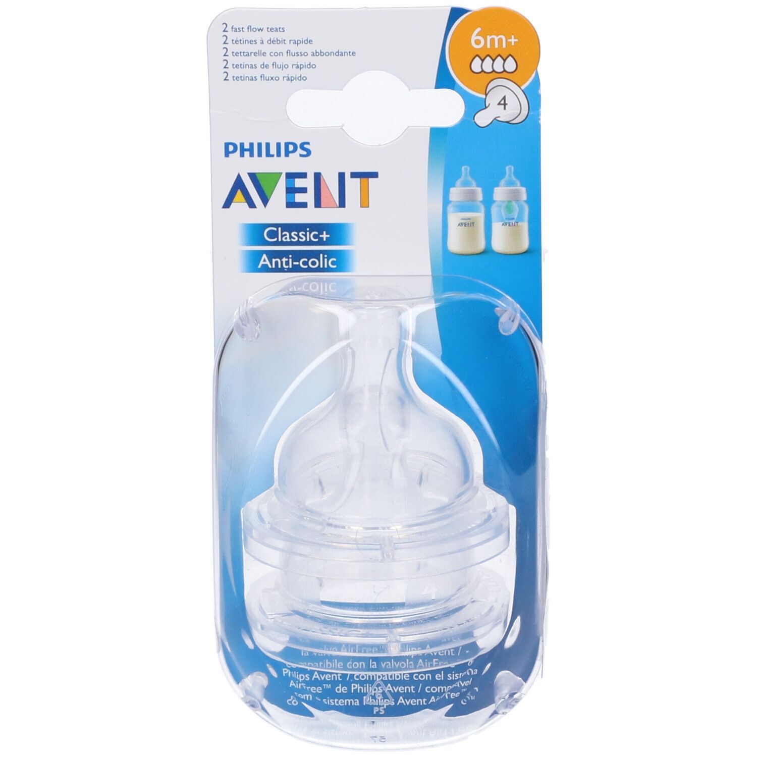 Confezione con due tettarelle. Marchio Philips Avent. Testo: Classic+ Anti-colic. Età: 6m+.