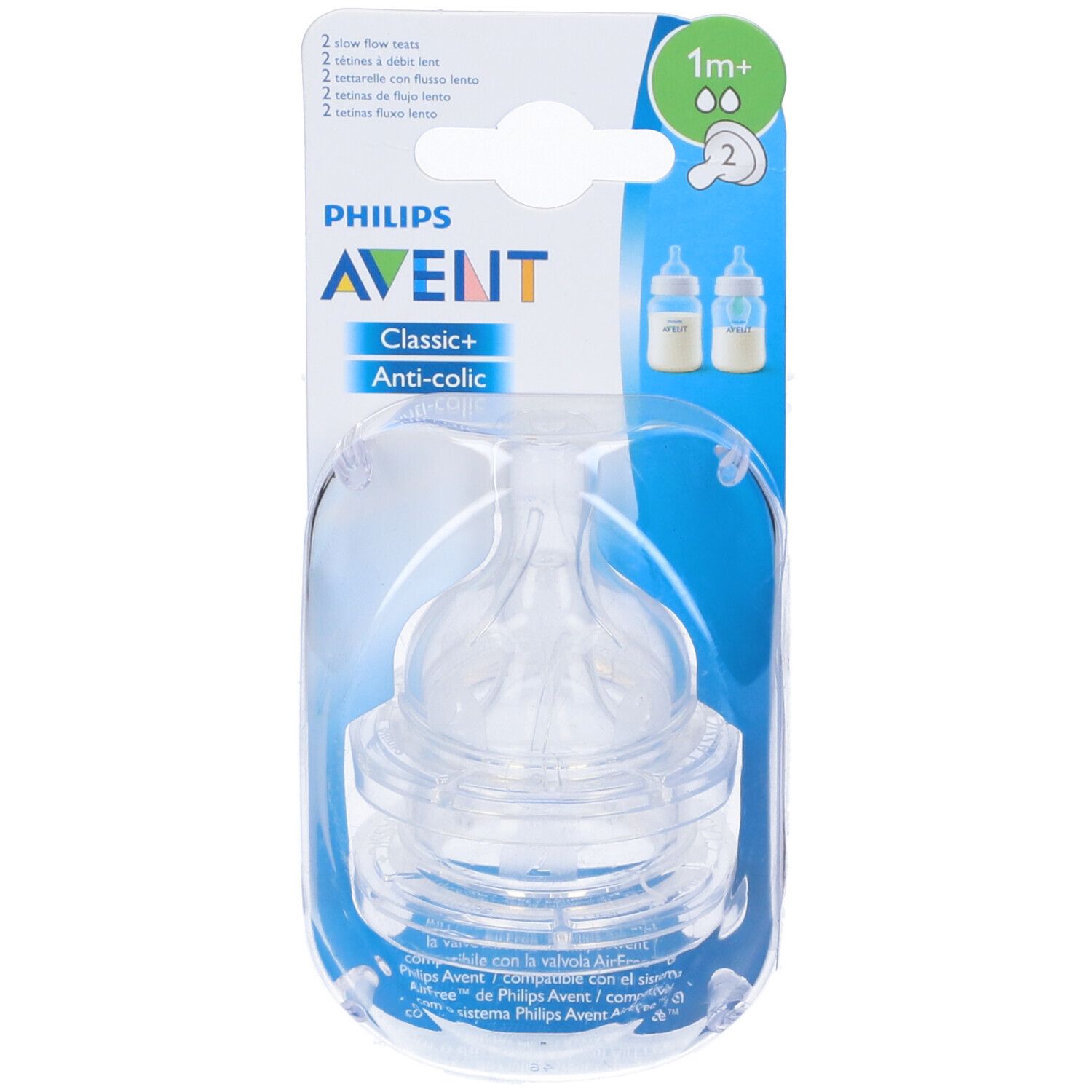 Confezione con due tettarelle, marchio Philips Avent, "Classic+" e "Anti-colic".