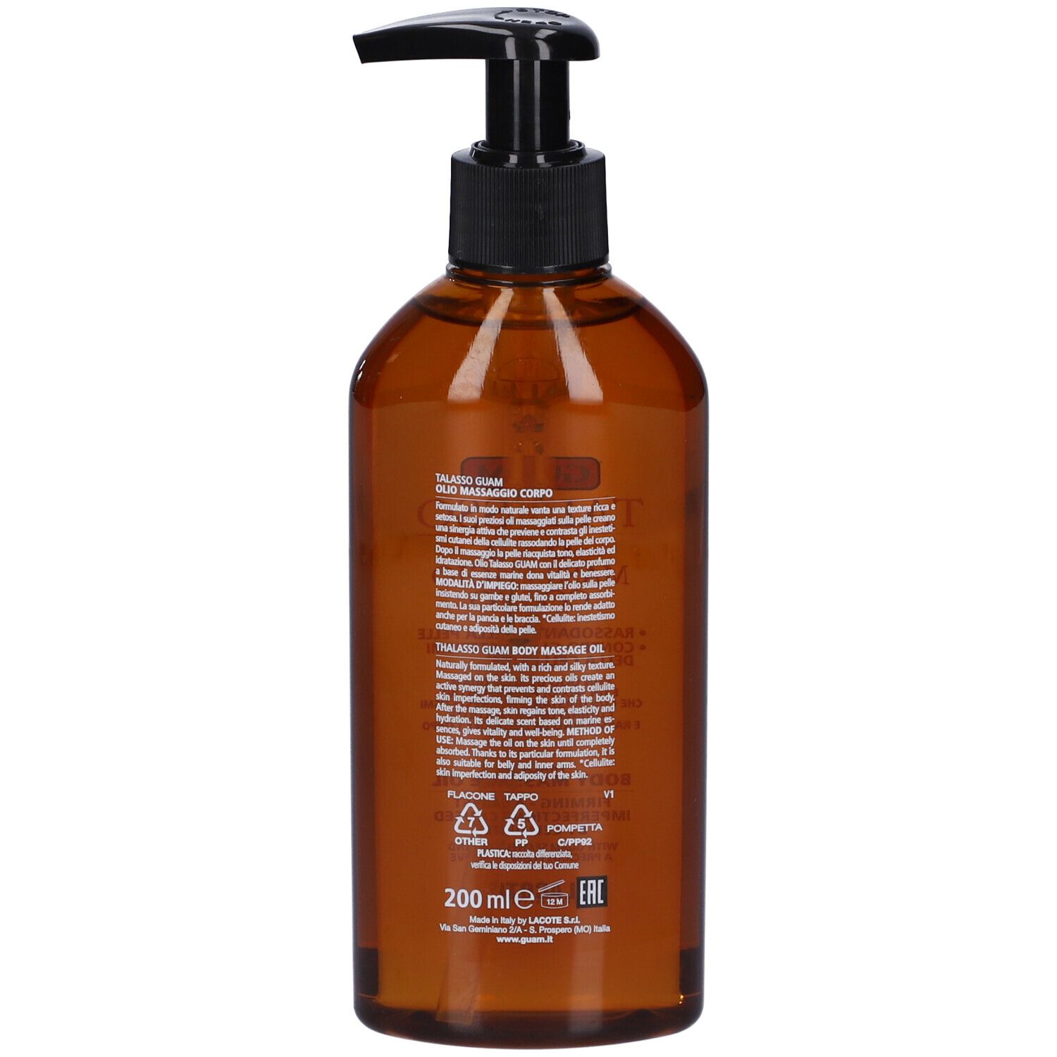 Rückseite einer braunen Flasche mit schwarzem Pumpverschluss. Text in italienischer Sprache.