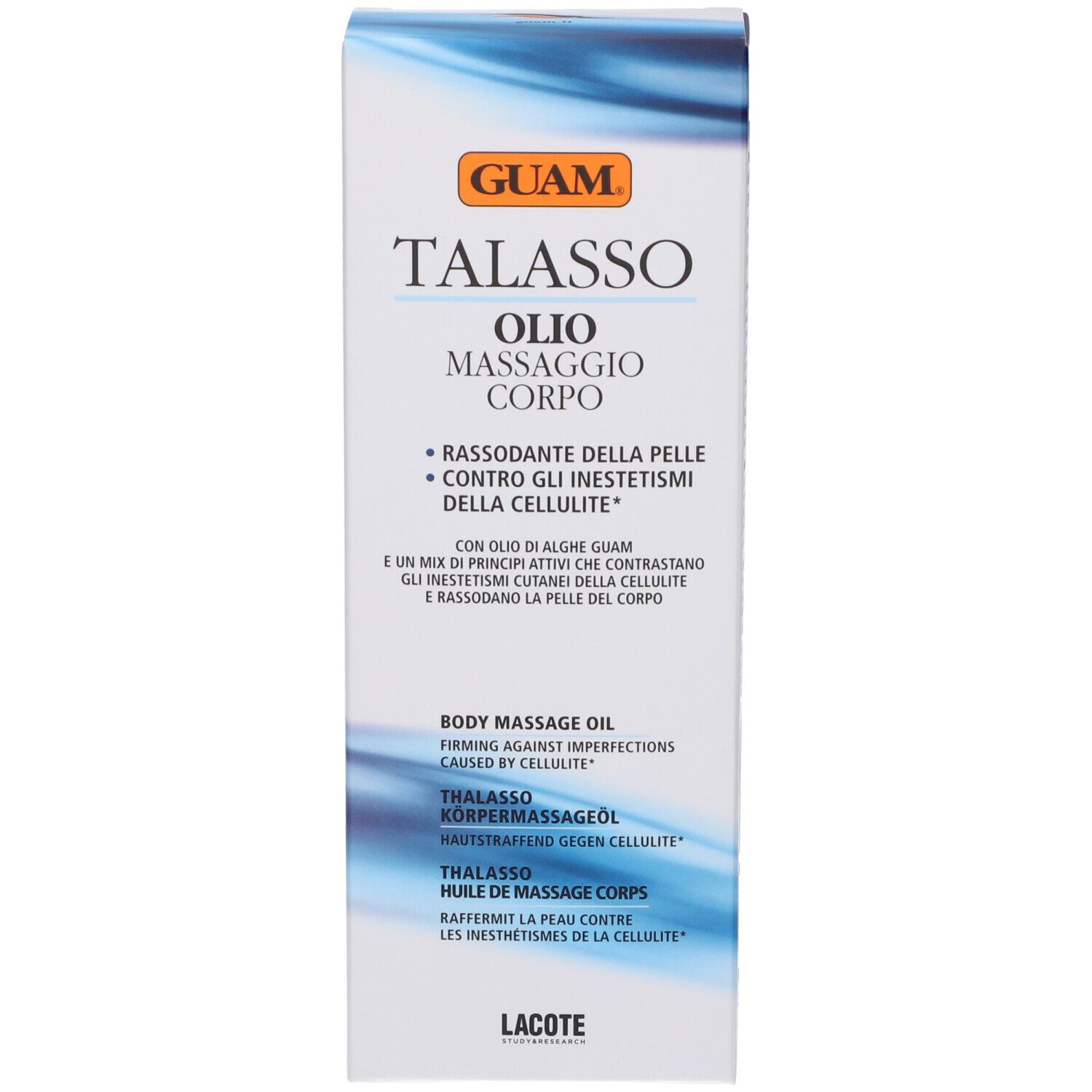 Weiße Verpackung mit blauen Akzenten. Aufschrift: GUAM Talasso Öl für Körpermassage.