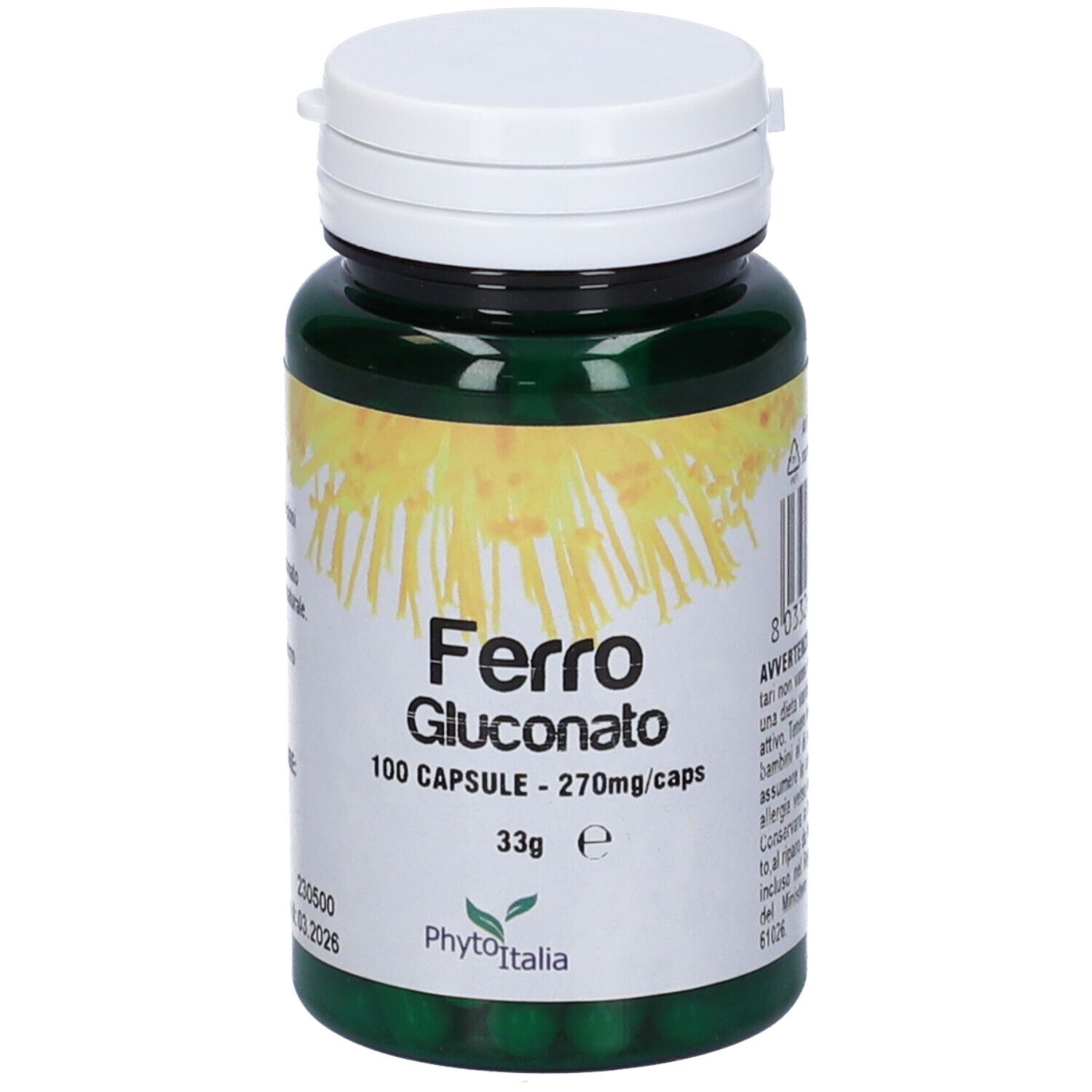 Flacone verde con tappo bianco. Scritta: Ferro Gluconato, 100 capsule. Marchio: PhytoItalia.