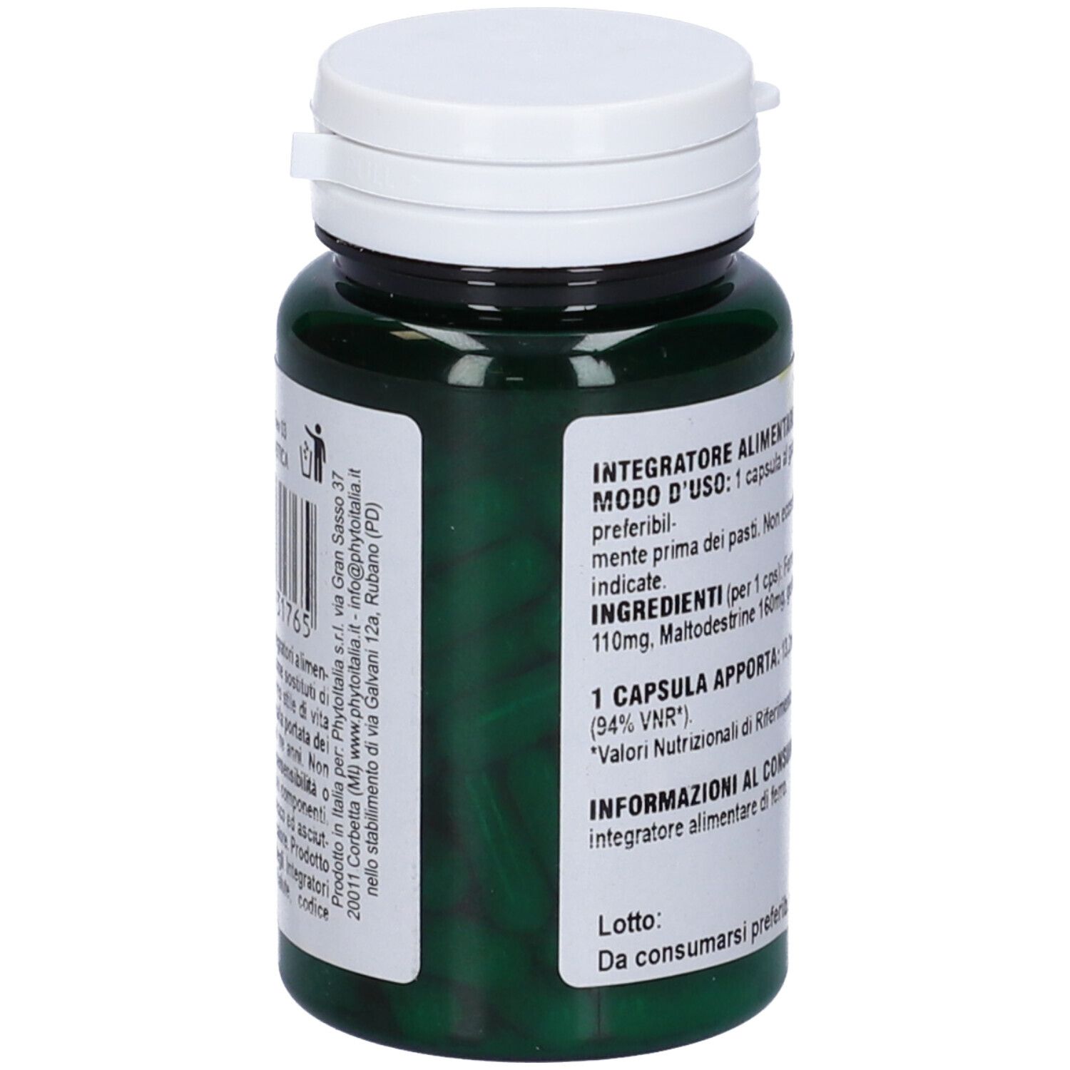 Retro del flacone verde. Testo: Integratore alimentare. Modo d'uso: 1 capsula al giorno.