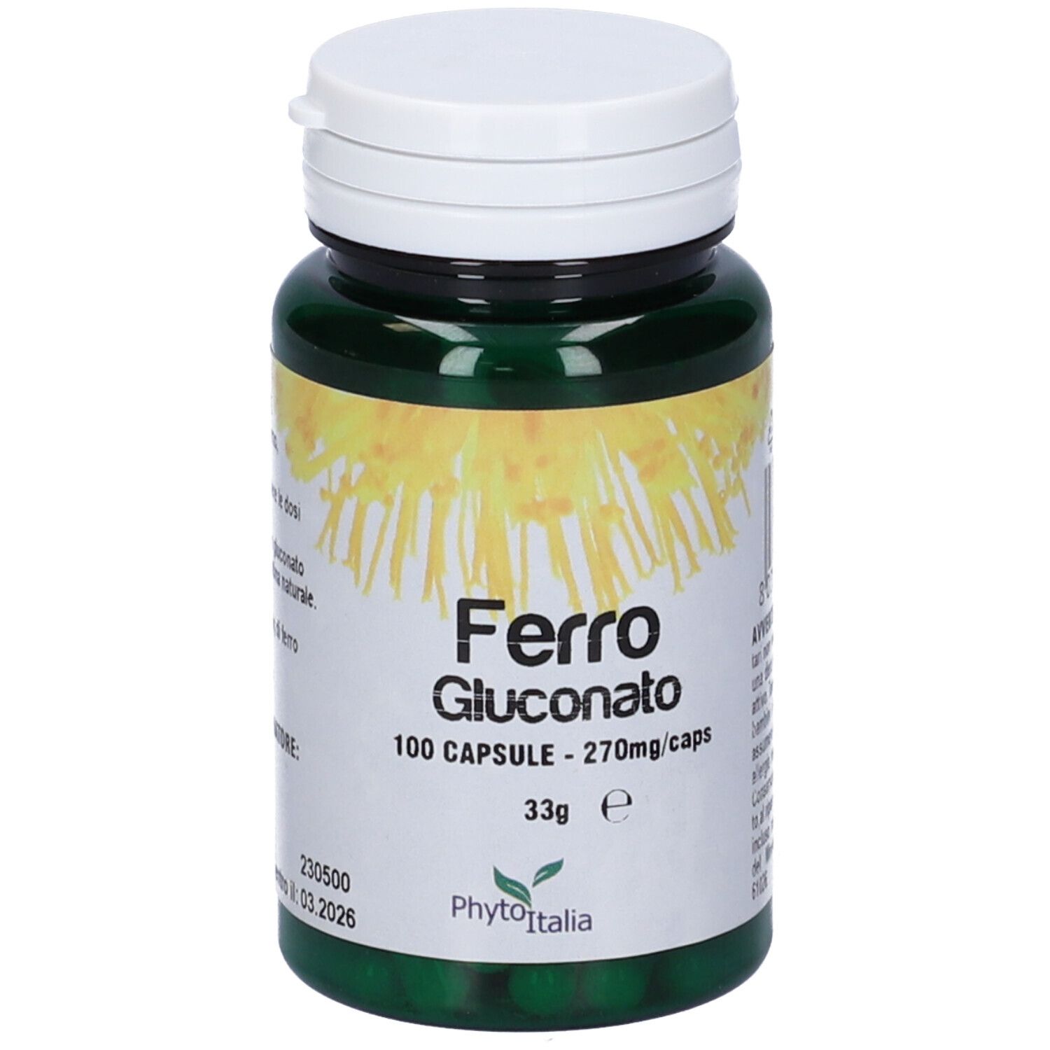 Flacone verde con tappo bianco. Scritta: Ferro Gluconato, 100 capsule. Marchio: PhytoItalia.