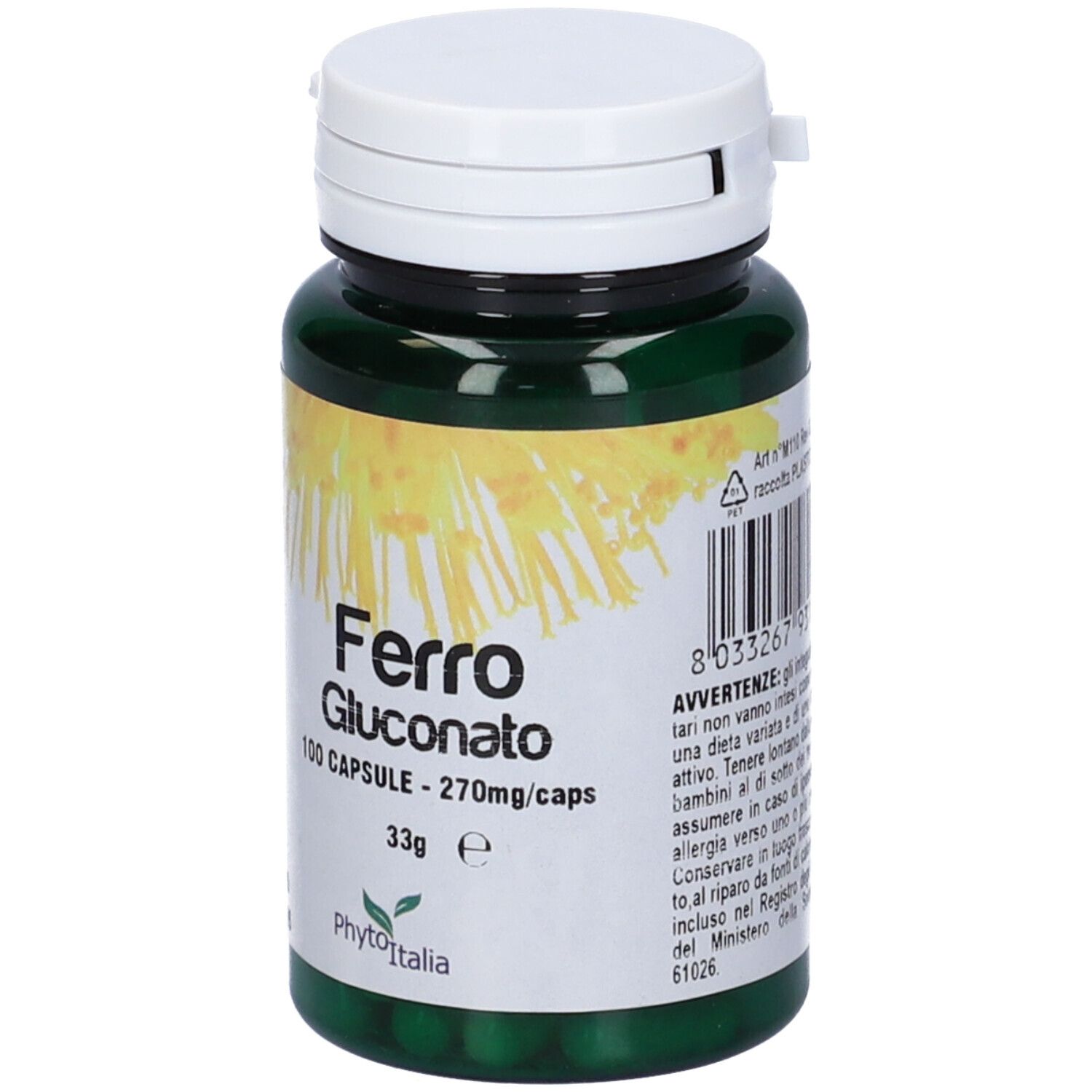 Flacone verde con tappo bianco. Scritta: Ferro Gluconato, 100 capsule. Marchio: PhytoItalia. Codice a barre.