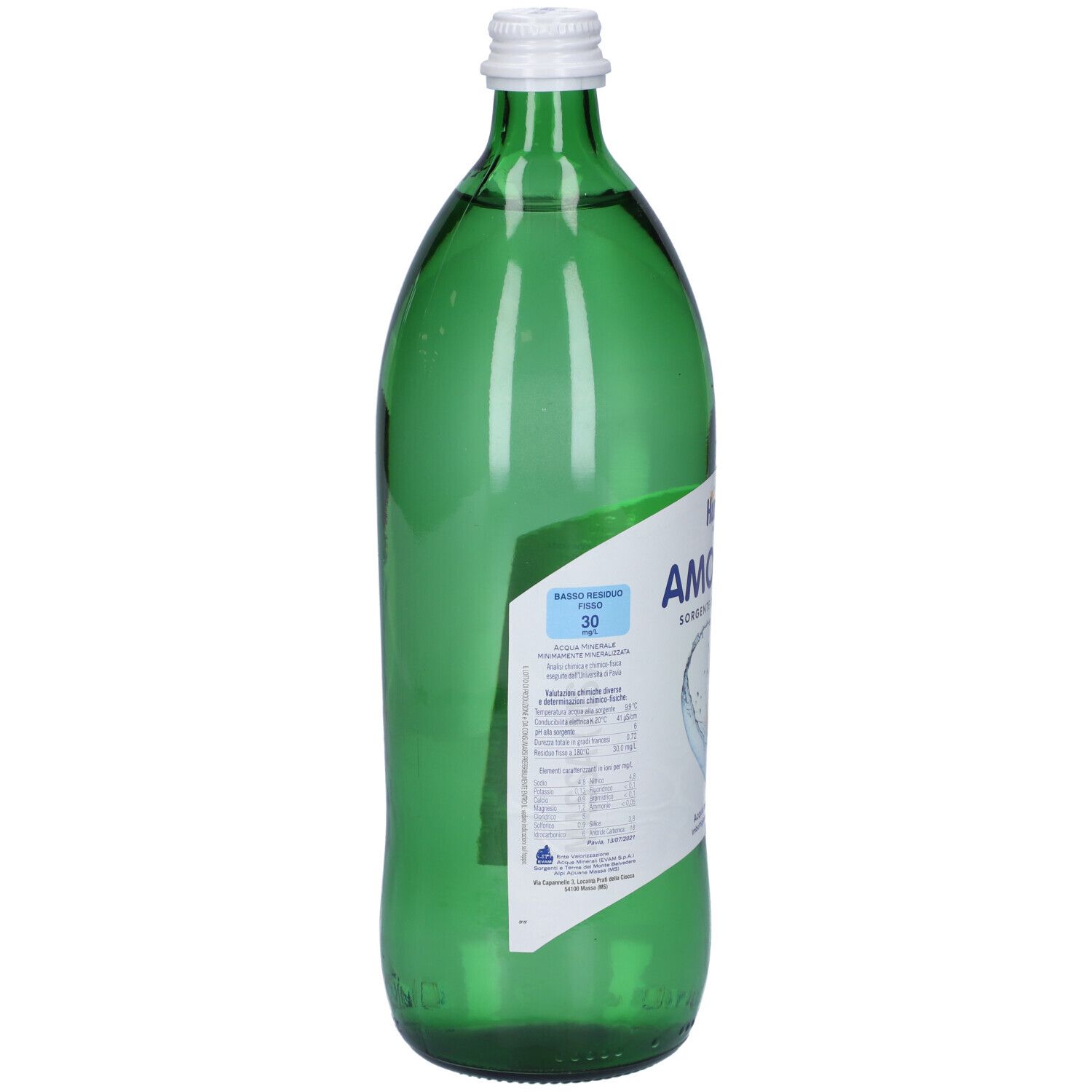 Grüne Glasflasche Humana Amorosa Mineralwasser, Rückseite mit Nährwertangaben.