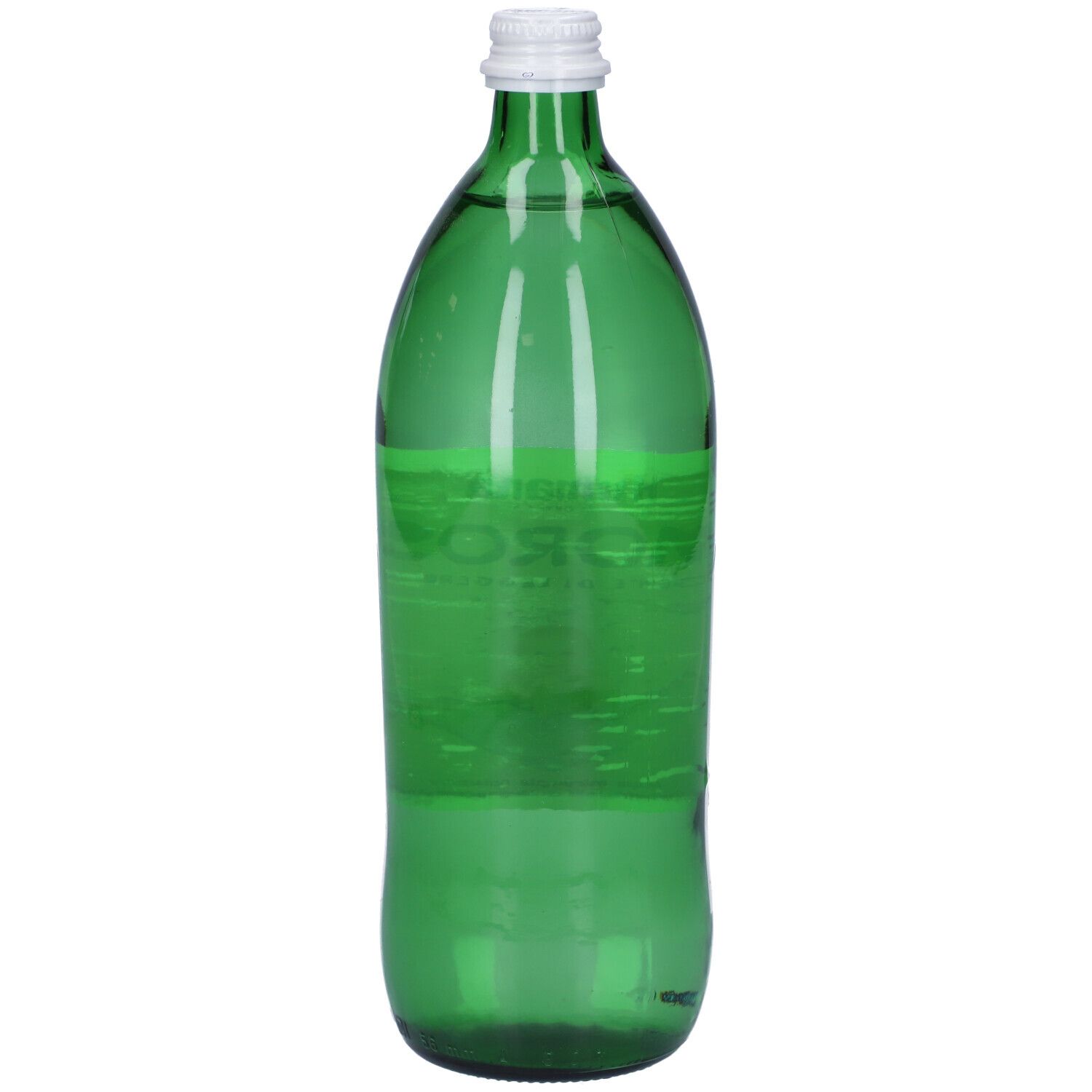 Grüne Glasflasche Humana Amorosa Mineralwasser, Seitenansicht.