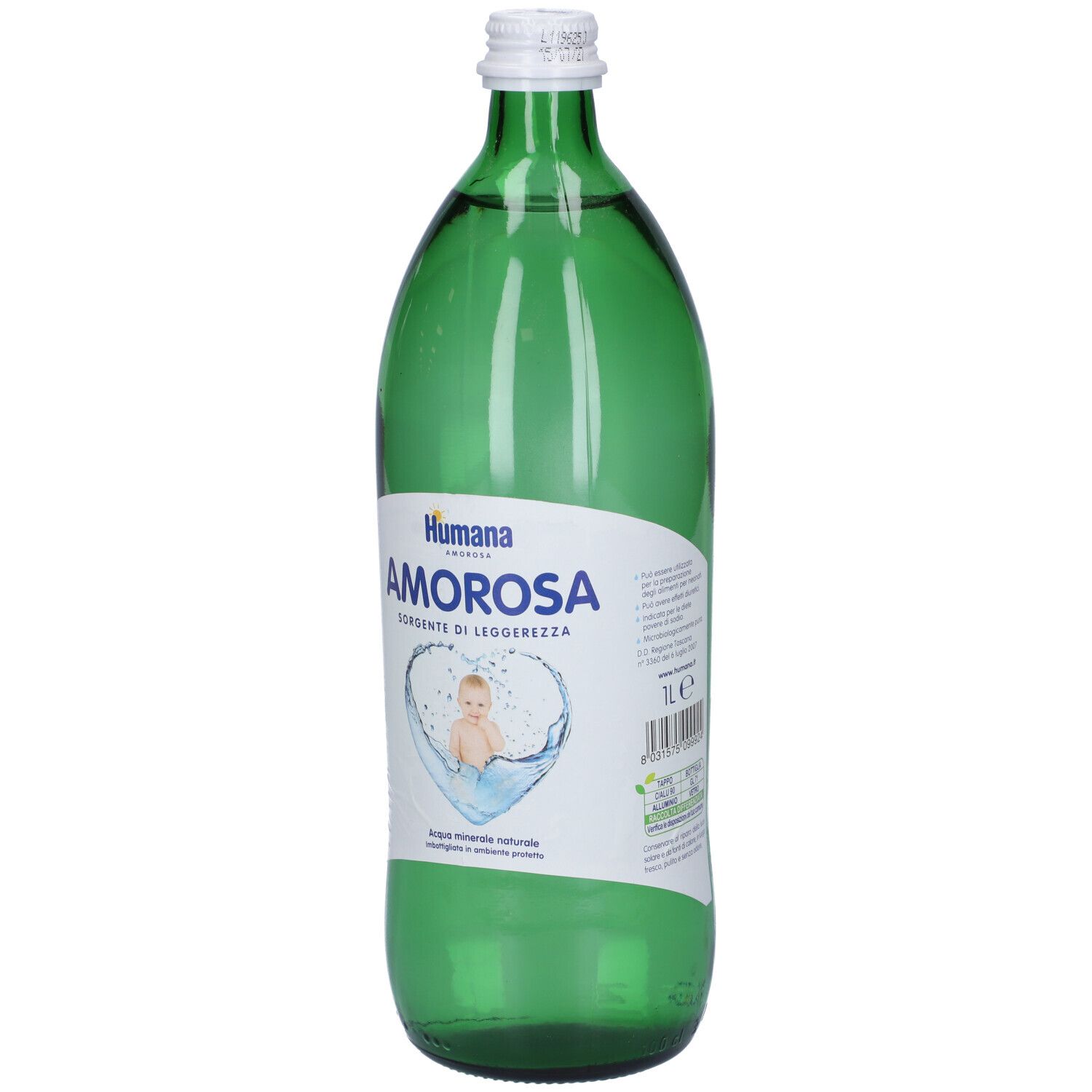 Grüne Glasflasche Humana Amorosa Mineralwasser, 1 Liter, mit Baby-Motiv.
