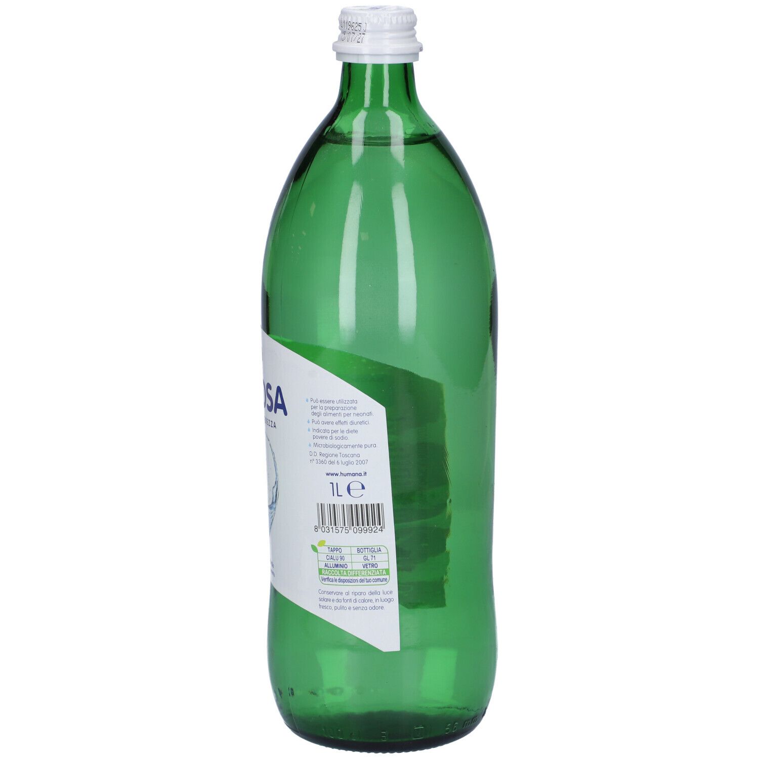 Grüne Glasflasche Humana Amorosa Mineralwasser, 1 Liter, mit Etikett.