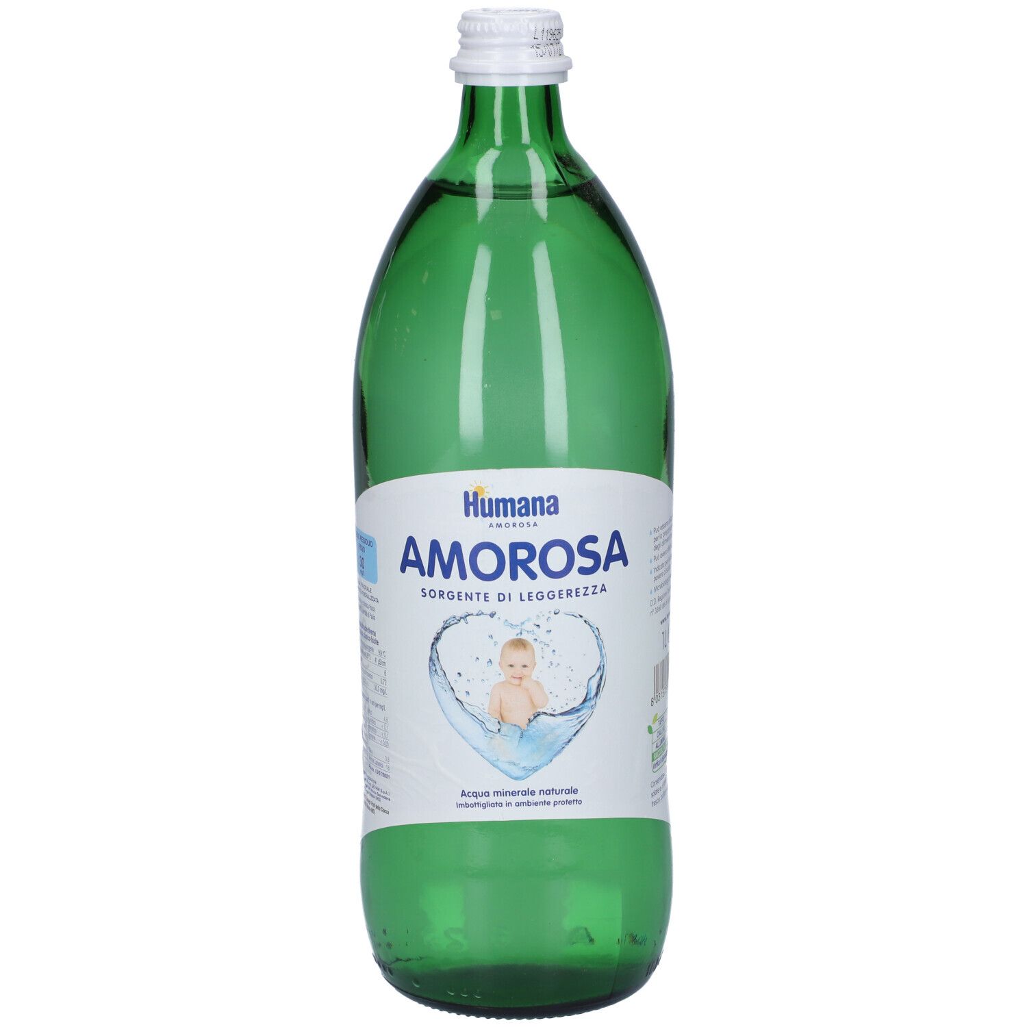 Grüne Glasflasche Humana Amorosa Mineralwasser, 1 Liter, mit Baby-Motiv und Etikett.