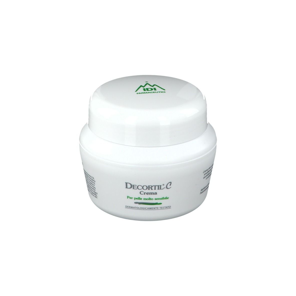 Vaso di crema bianco con coperchio verde. Scritta: Decortil-C Crema, per pelli molto sensibili. Logo verde. Dermatologicamente testato.