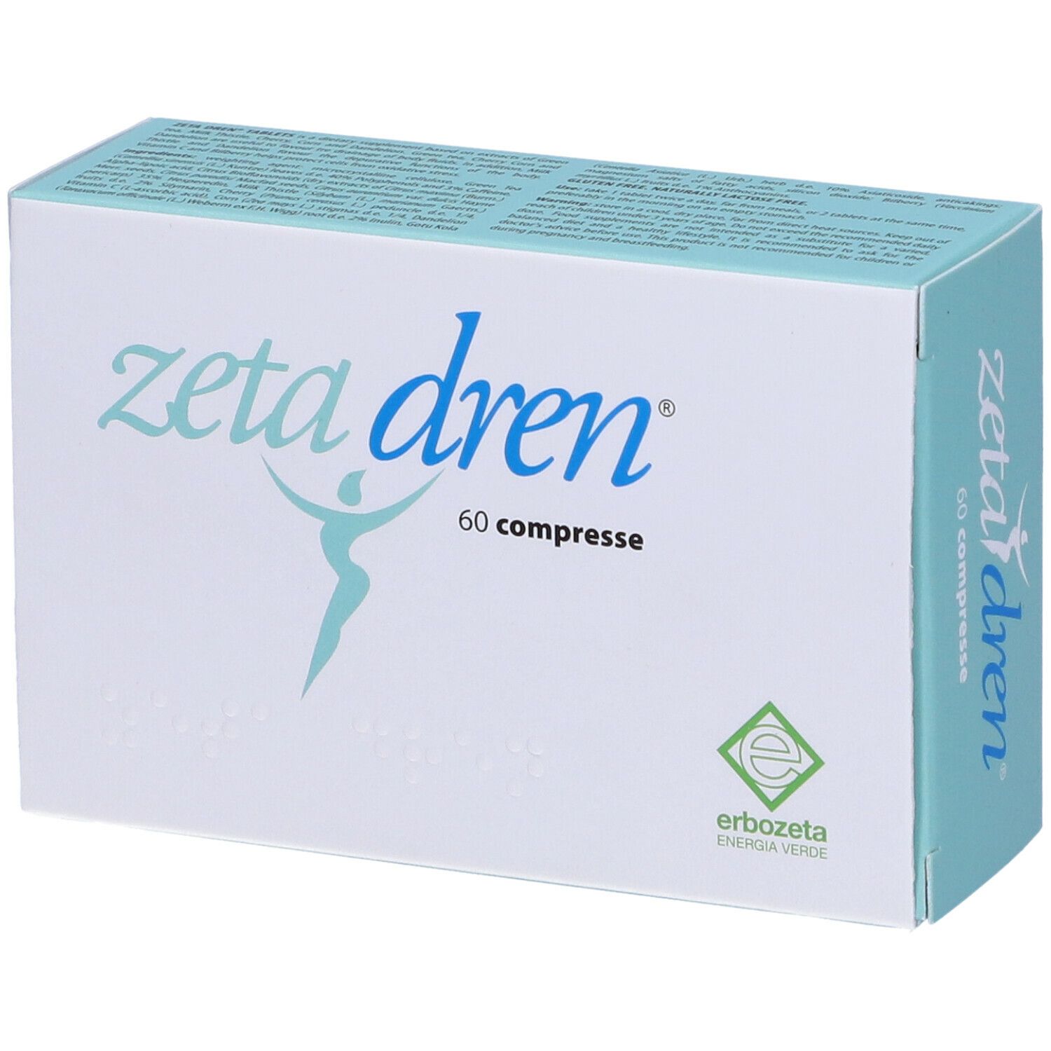 Scatola "zeta dren", 60 compresse. Logo e scritta "Erbozeta Energia Verde".