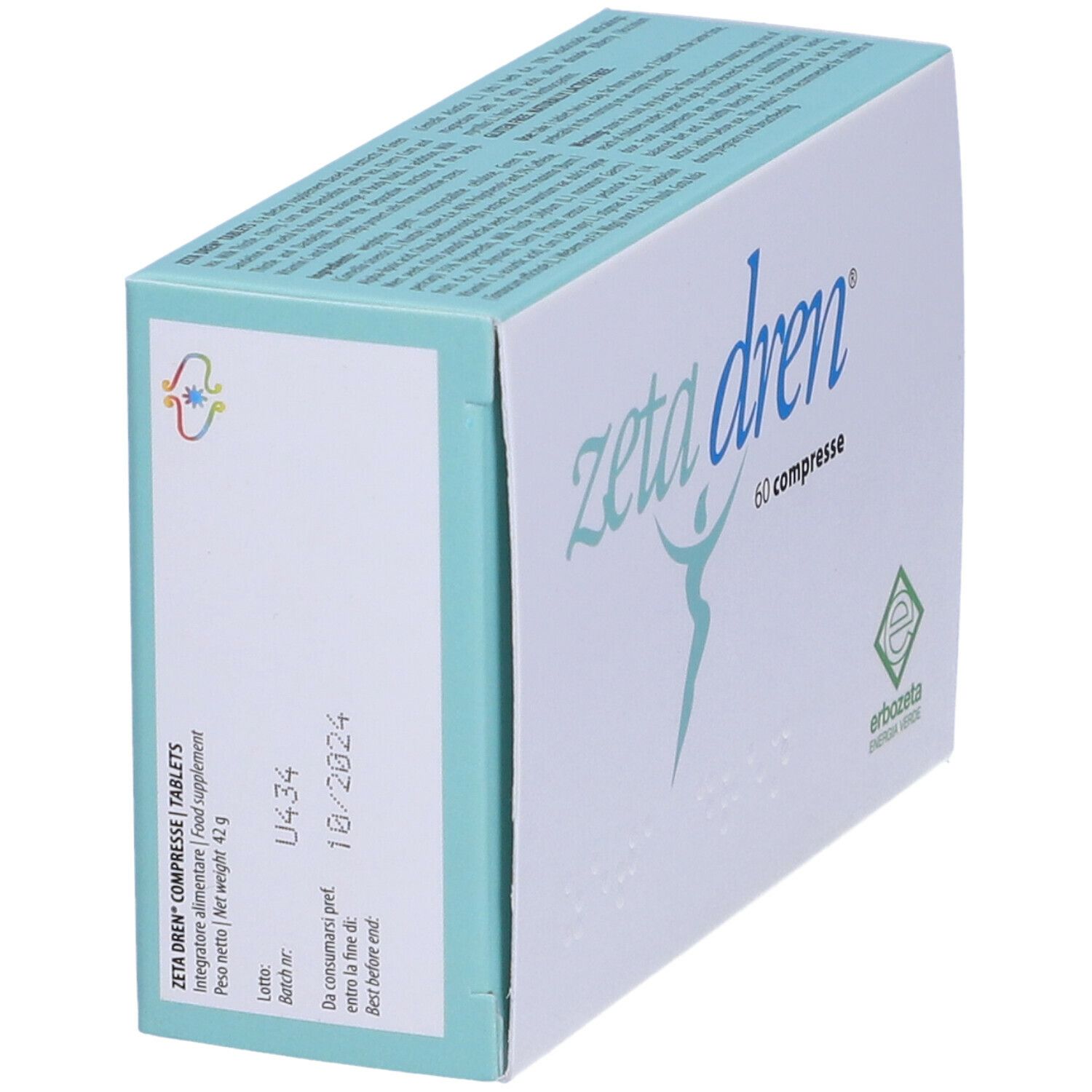 Scatola "zeta dren", 60 compresse. Data di scadenza. Logo "Erbozeta Energia Verde".