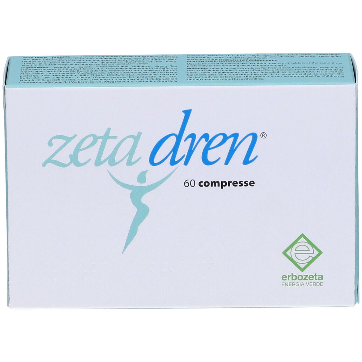 Scatola "zeta dren", 60 compresse. Logo e scritta "Erbozeta Energia Verde".