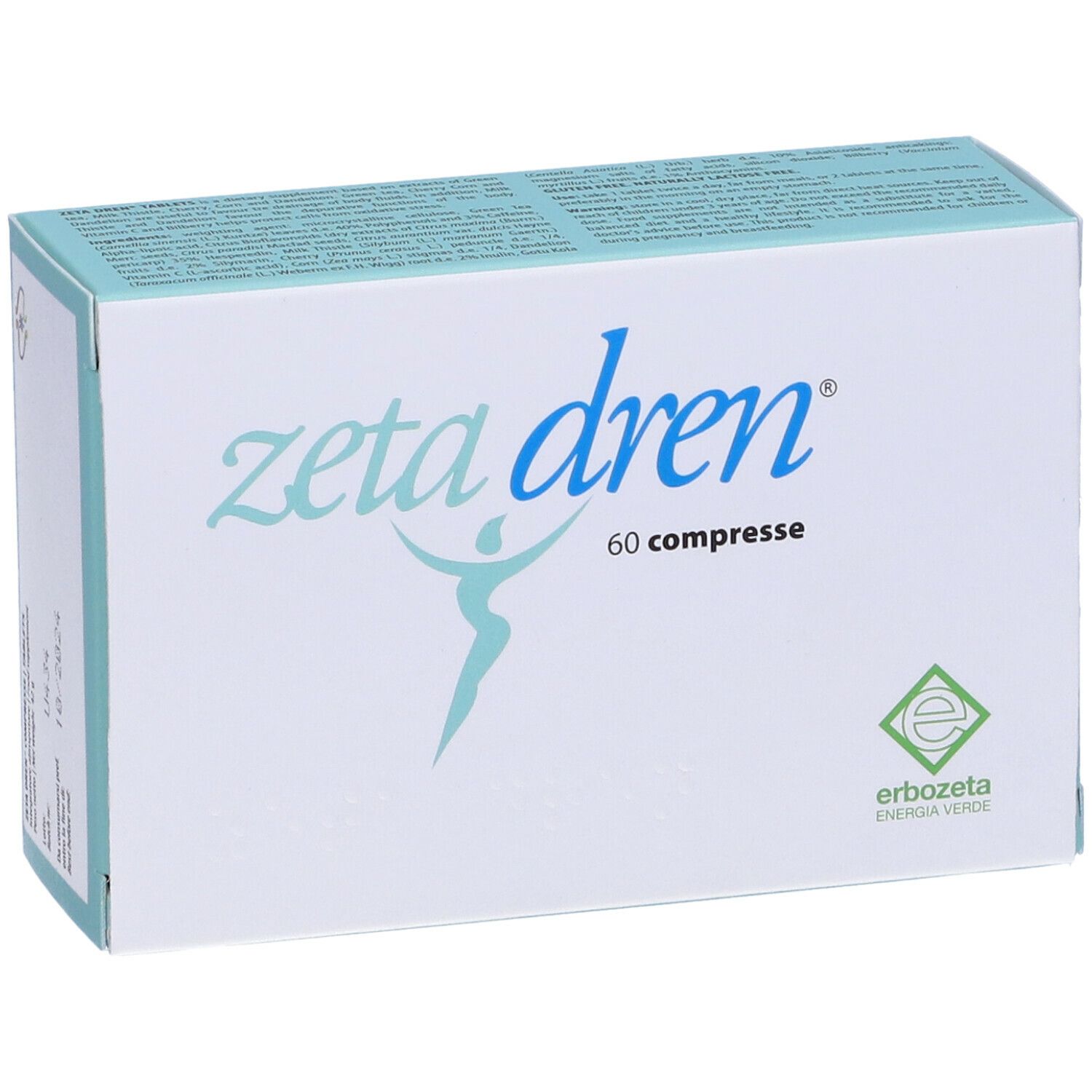 Scatola "zeta dren", 60 compresse. Logo e scritta "Erbozeta Energia Verde".