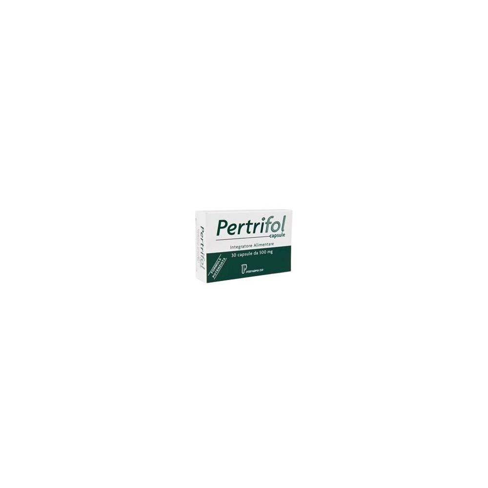 Scatola di Pertrifol. Bianca con fascia verde e scritta Pertrifol. Contiene 30 capsule.